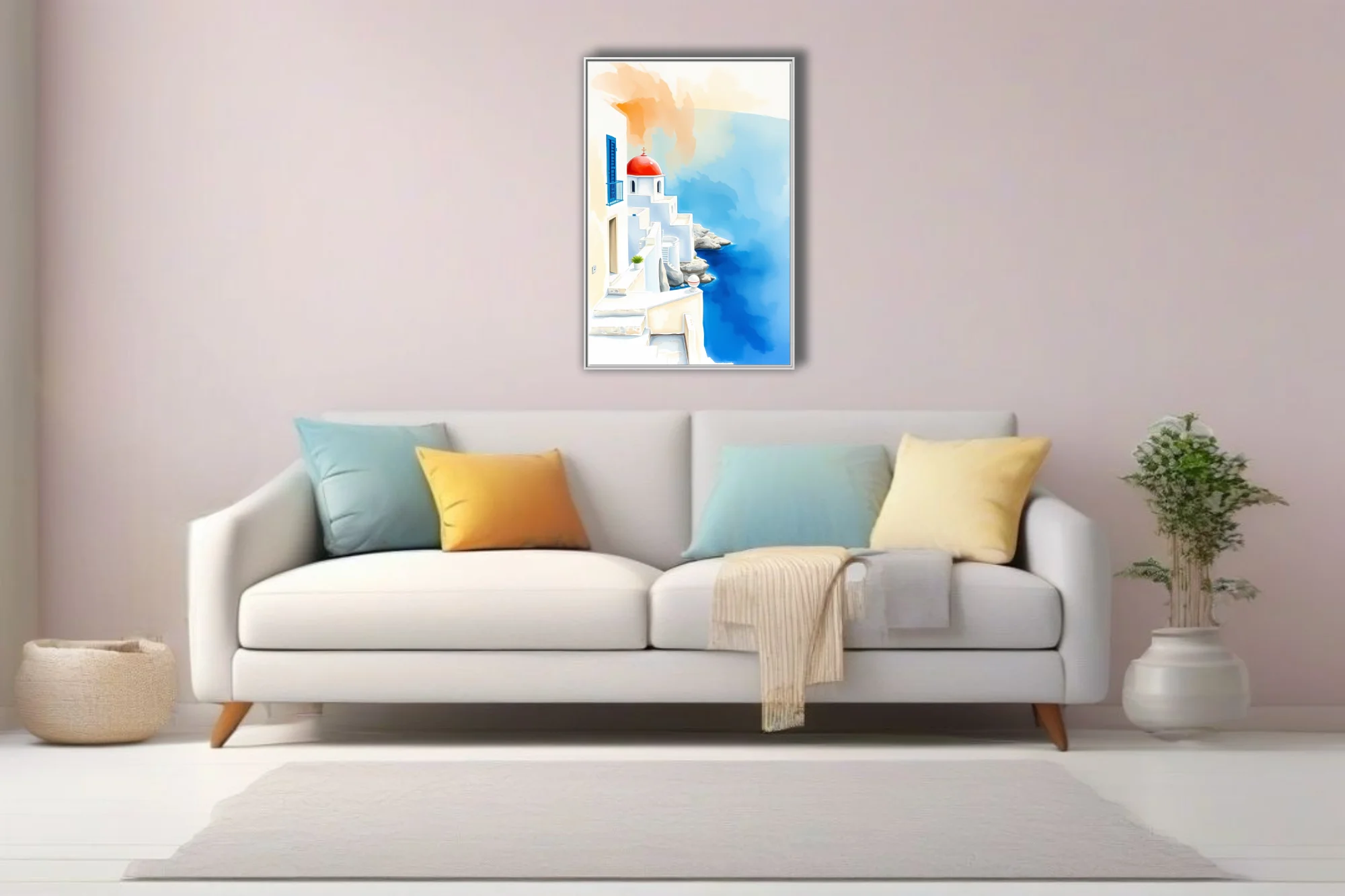 Watercolor-style Greek island scene with white architecture, red dome, and cobalt sea