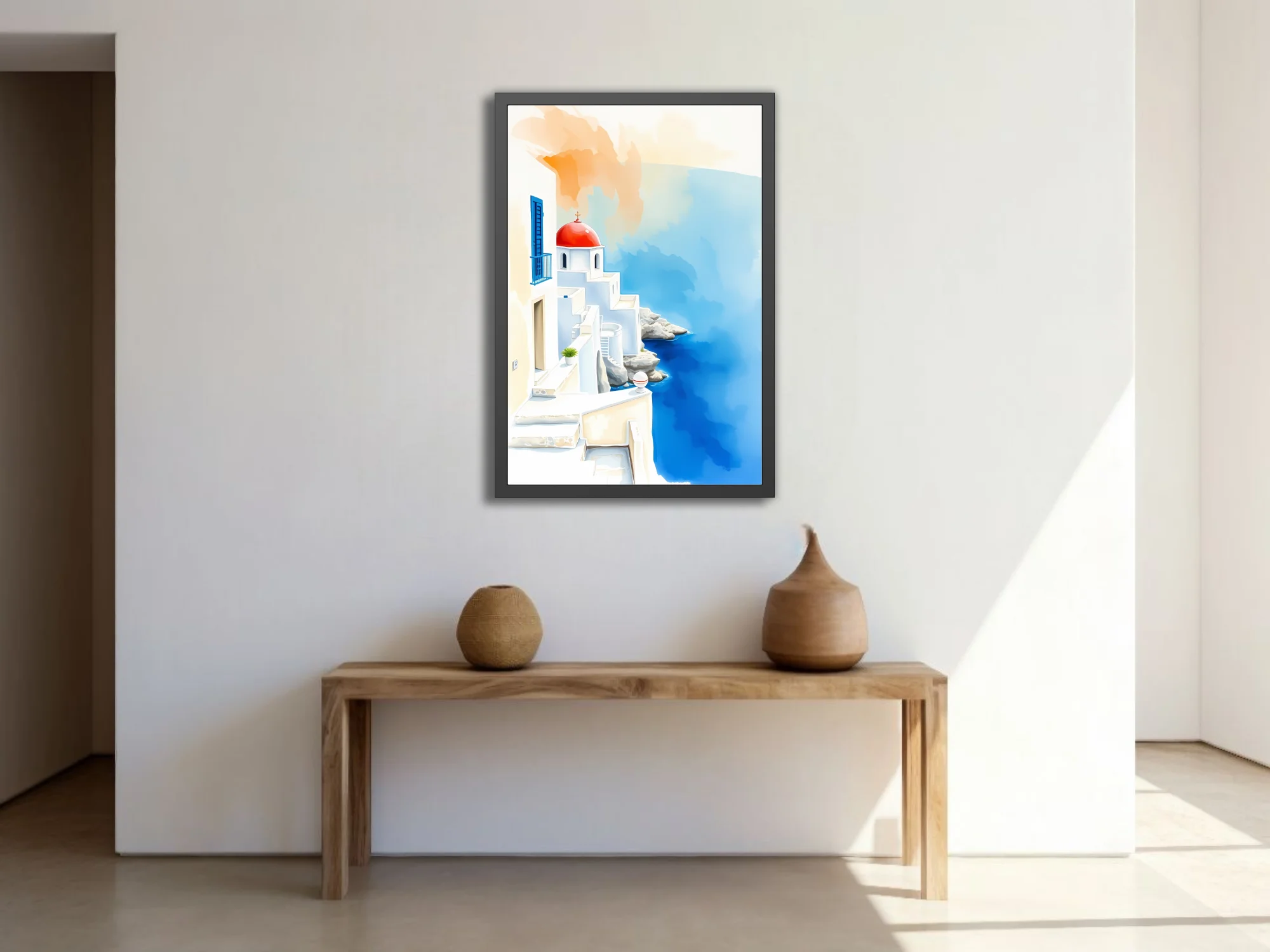 Watercolor-style Greek island scene with white architecture, red dome, and cobalt sea