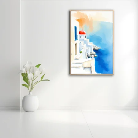 Watercolor-style Greek island scene with white architecture, red dome, and cobalt sea