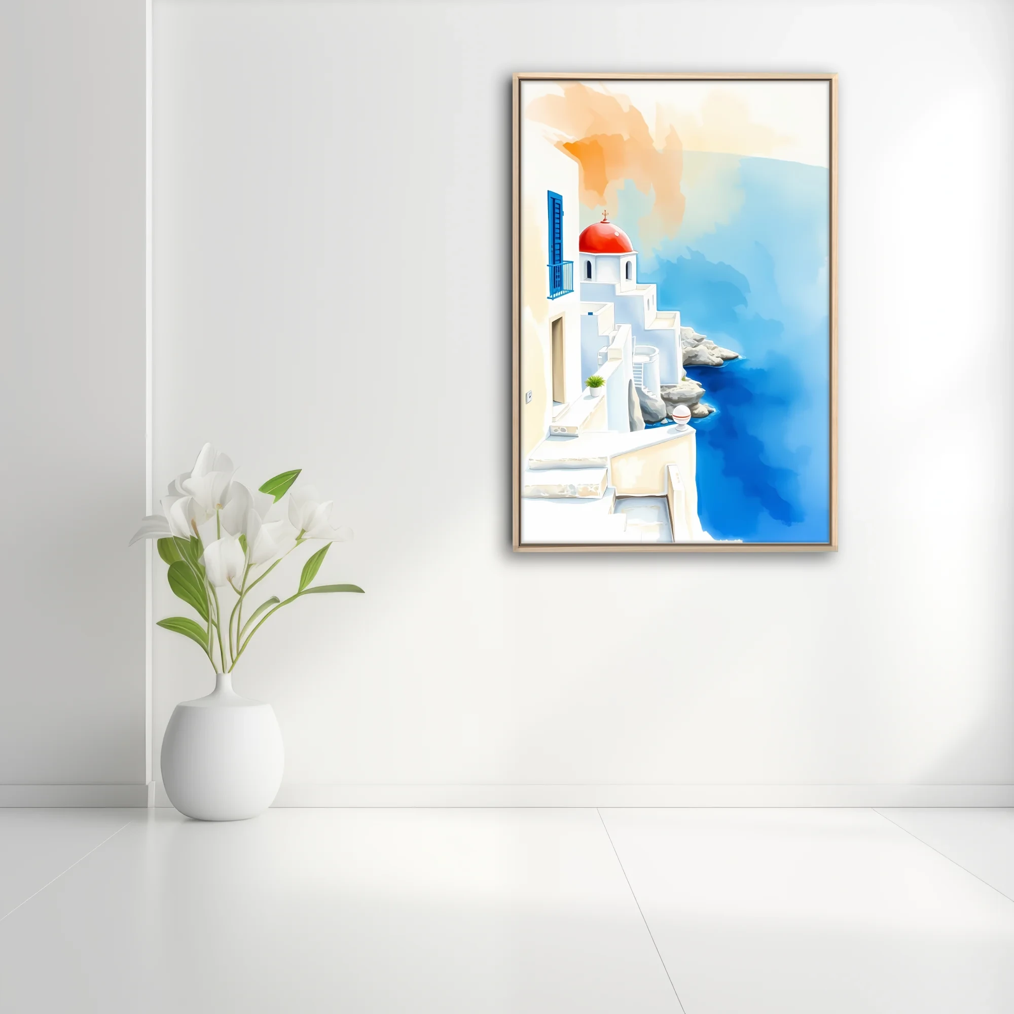 Watercolor-style Greek island scene with white architecture, red dome, and cobalt sea