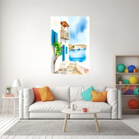 Watercolor-style Greek island harbour scene with white walls, blue shutters and bougainvillea