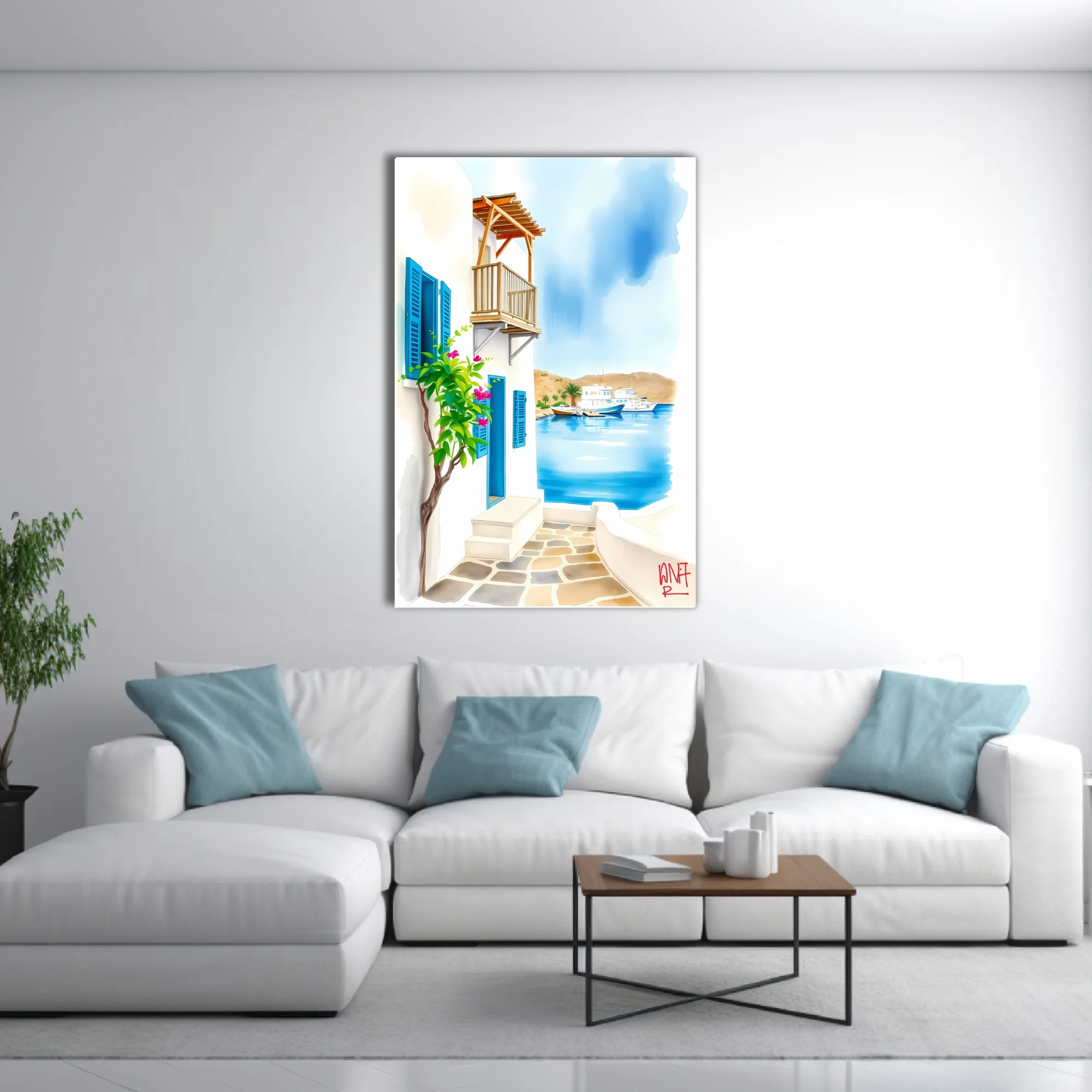 Watercolor-style Greek island harbour scene with white walls, blue shutters and bougainvillea