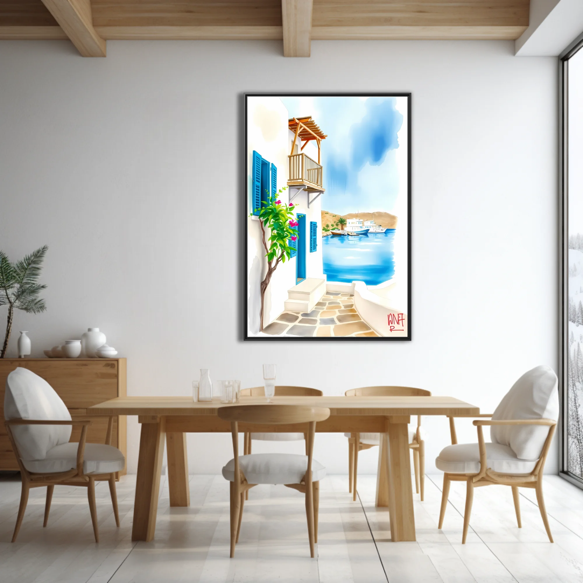 Watercolor-style Greek island harbour scene with white walls, blue shutters and bougainvillea