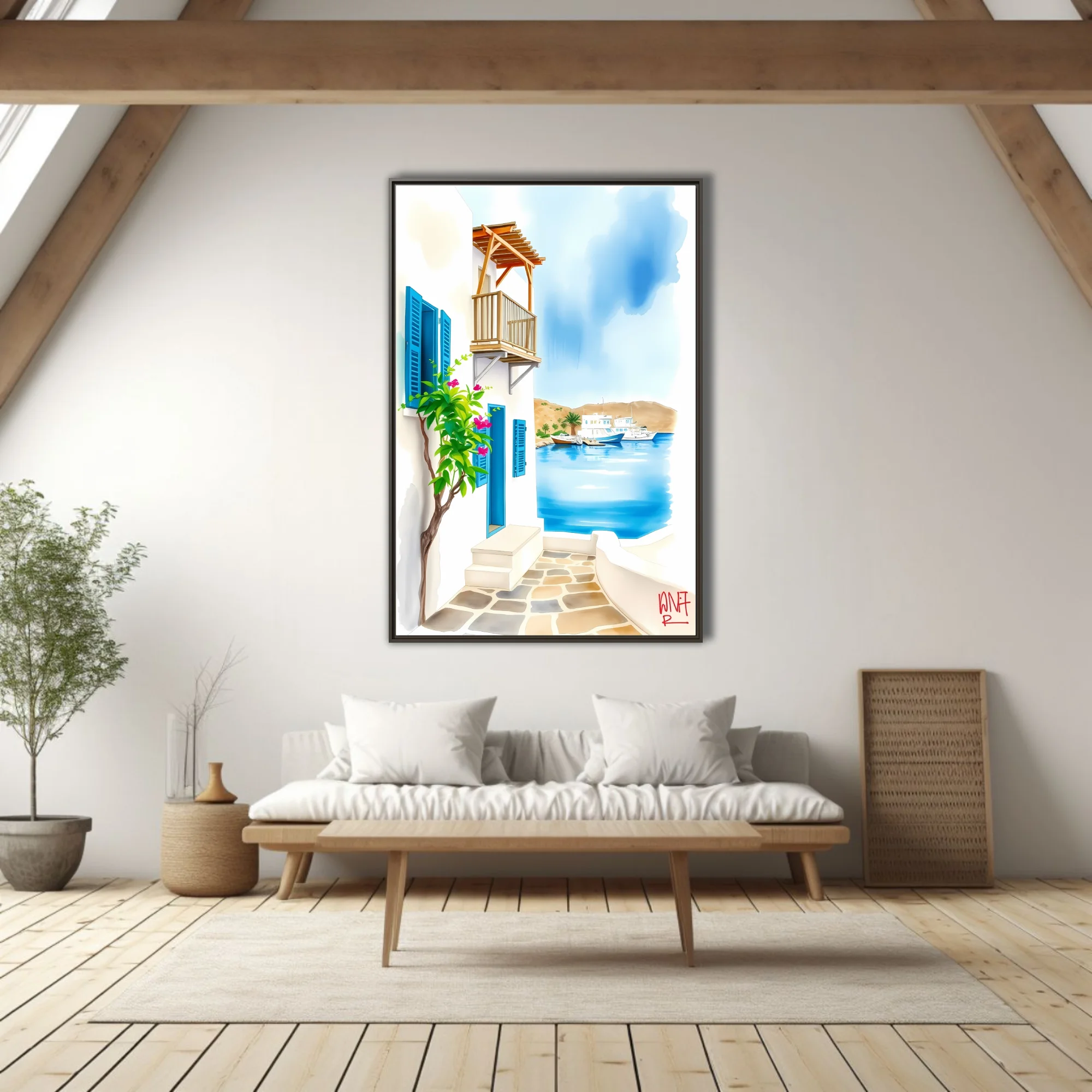 Watercolor-style Greek island harbour scene with white walls, blue shutters and bougainvillea
