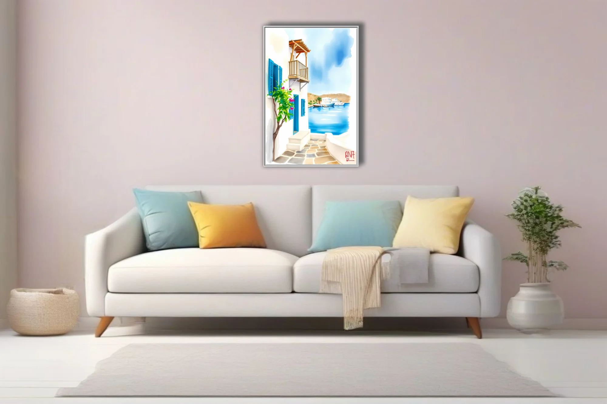 Watercolor-style Greek island harbour scene with white walls, blue shutters and bougainvillea