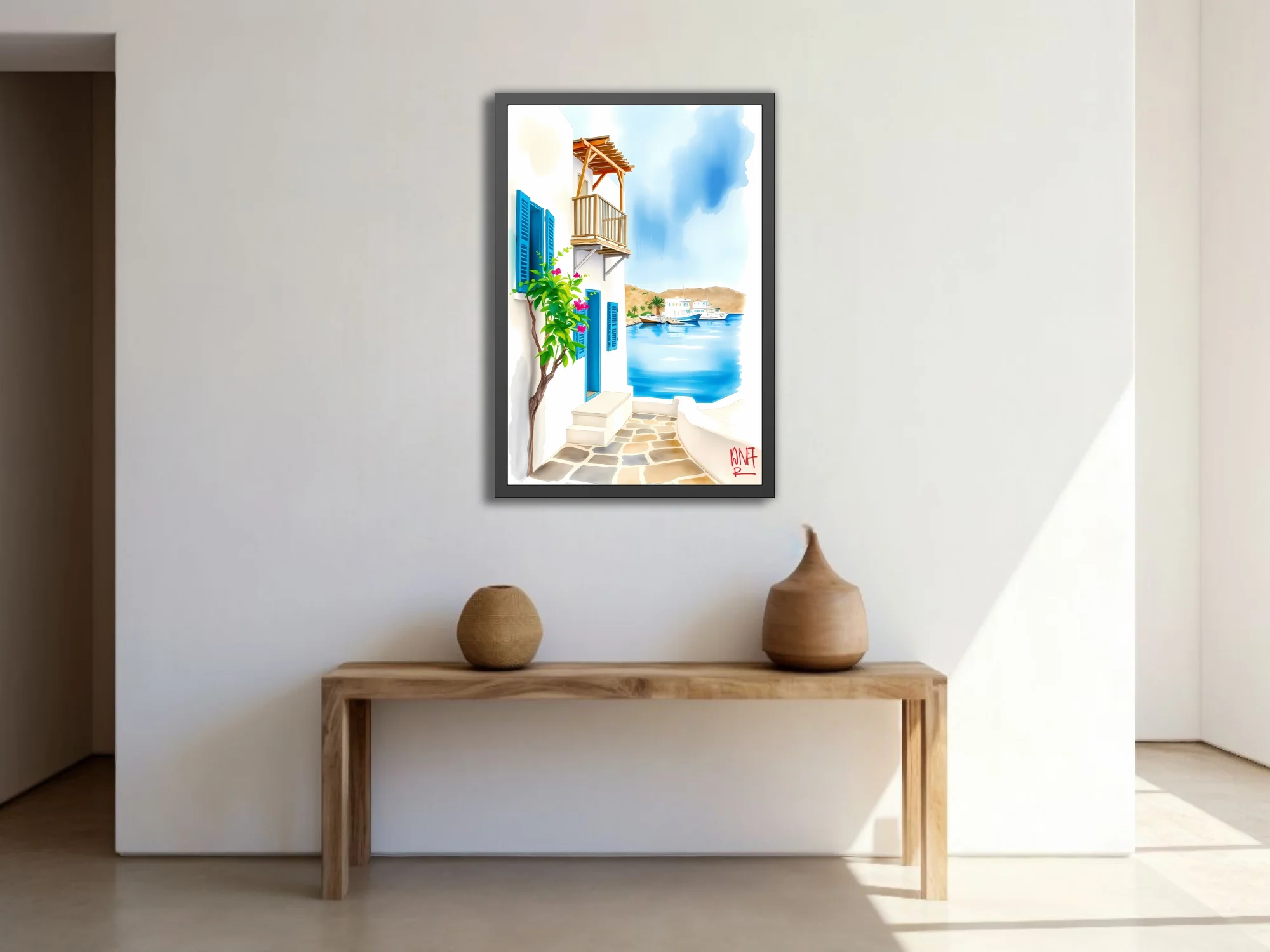Watercolor-style Greek island harbour scene with white walls, blue shutters and bougainvillea