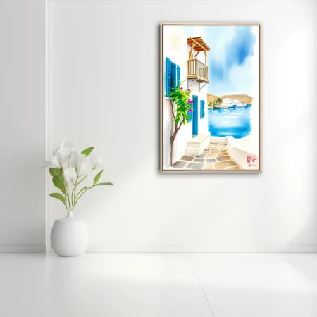 Watercolor-style Greek island harbour scene with white walls, blue shutters and bougainvillea