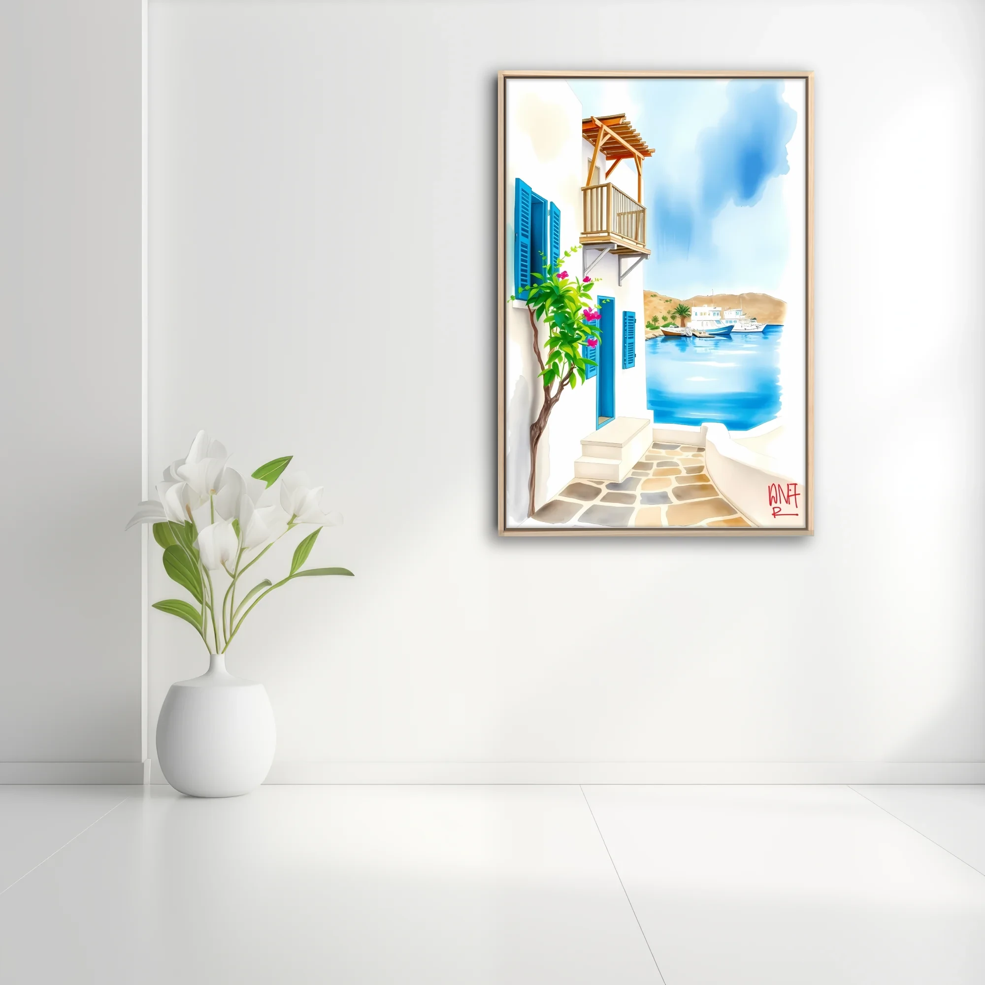 Watercolor-style Greek island harbour scene with white walls, blue shutters and bougainvillea