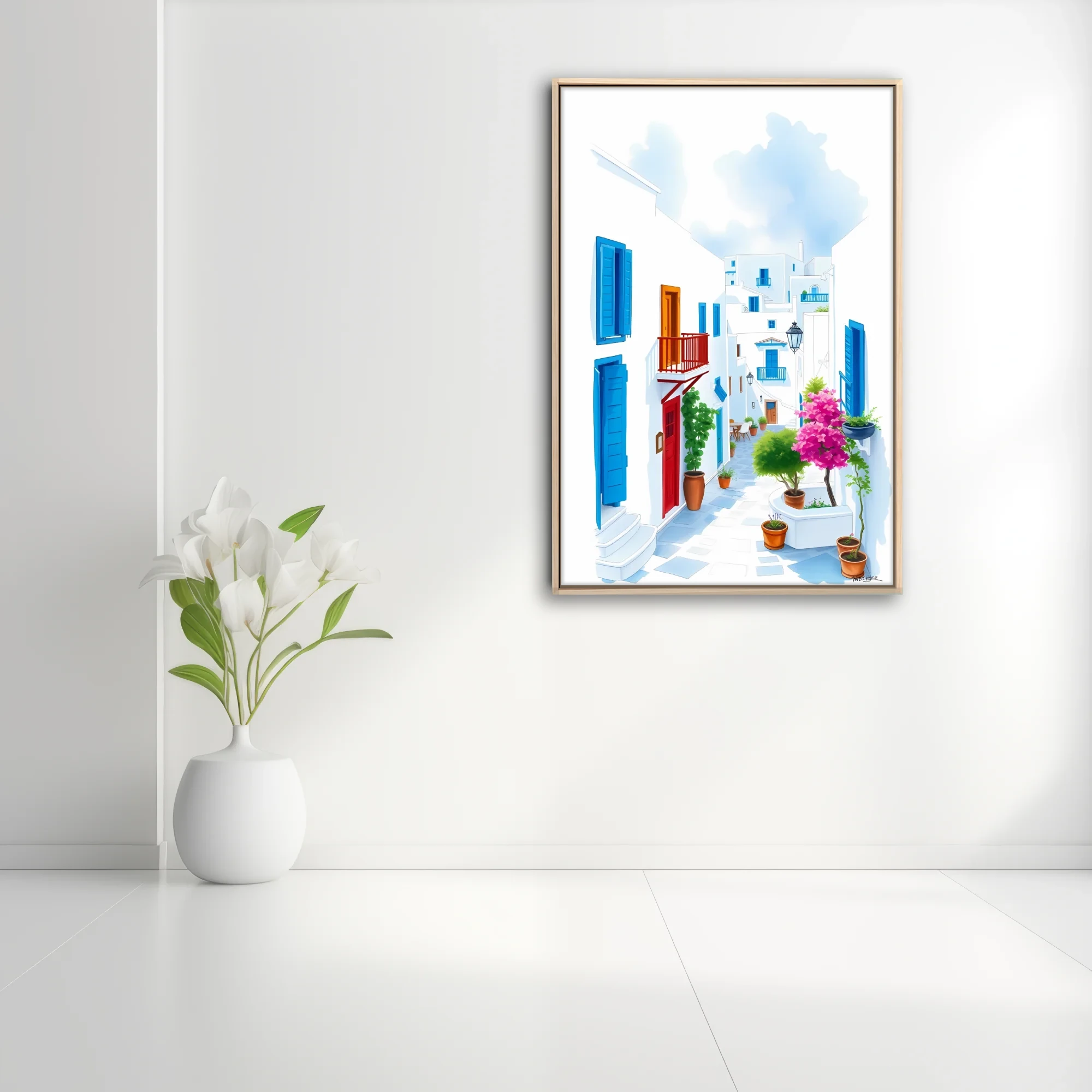 Flat-style Greek island alley with white walls, blue shutters, and pink bougainvillea