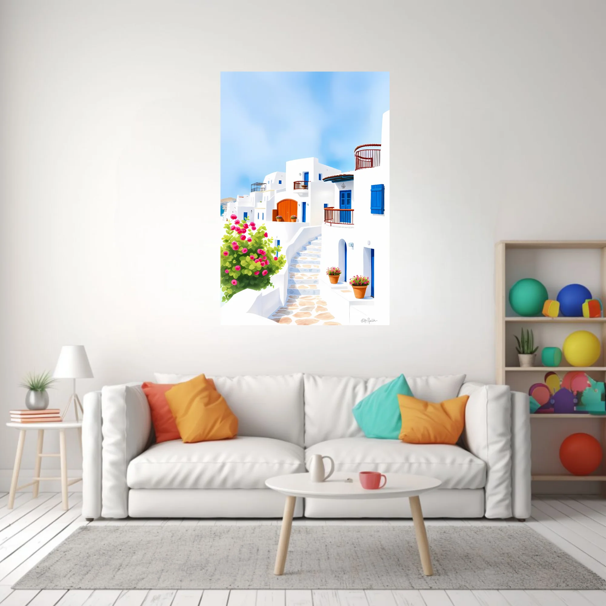 Graphic illustration of Aegean whitewashed village, blue shutters and pink bougainvillea