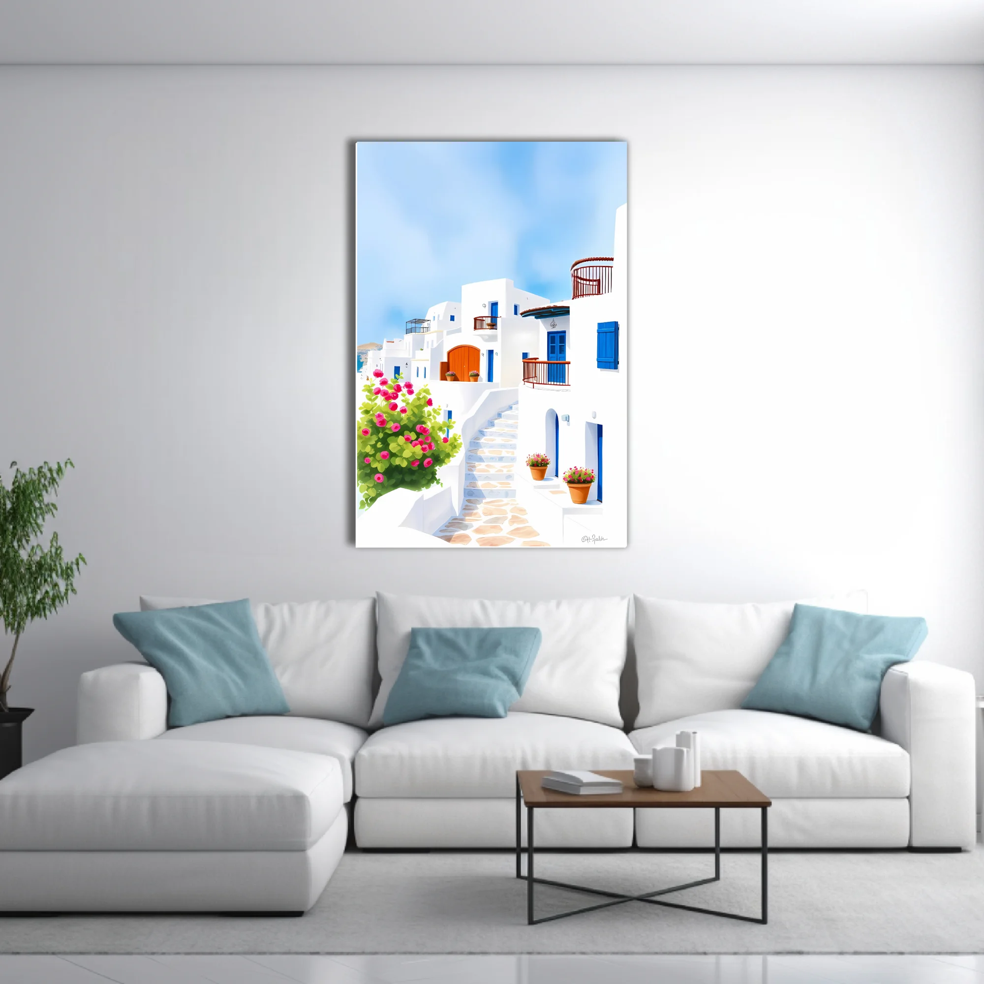 Graphic illustration of Aegean whitewashed village, blue shutters and pink bougainvillea