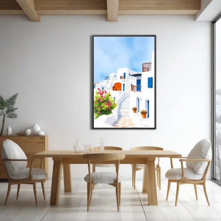 Graphic illustration of Aegean whitewashed village, blue shutters and pink bougainvillea