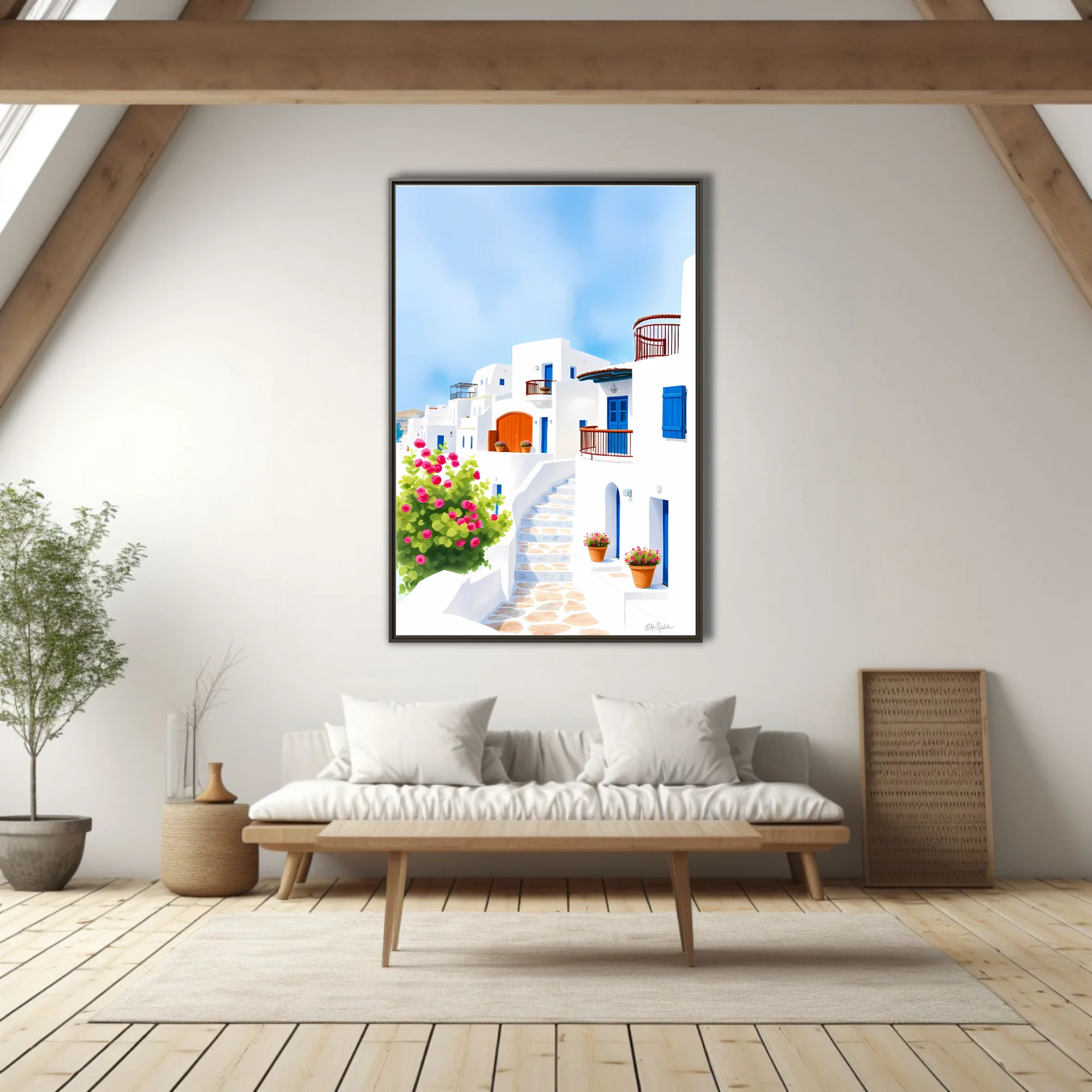 Graphic illustration of Aegean whitewashed village, blue shutters and pink bougainvillea