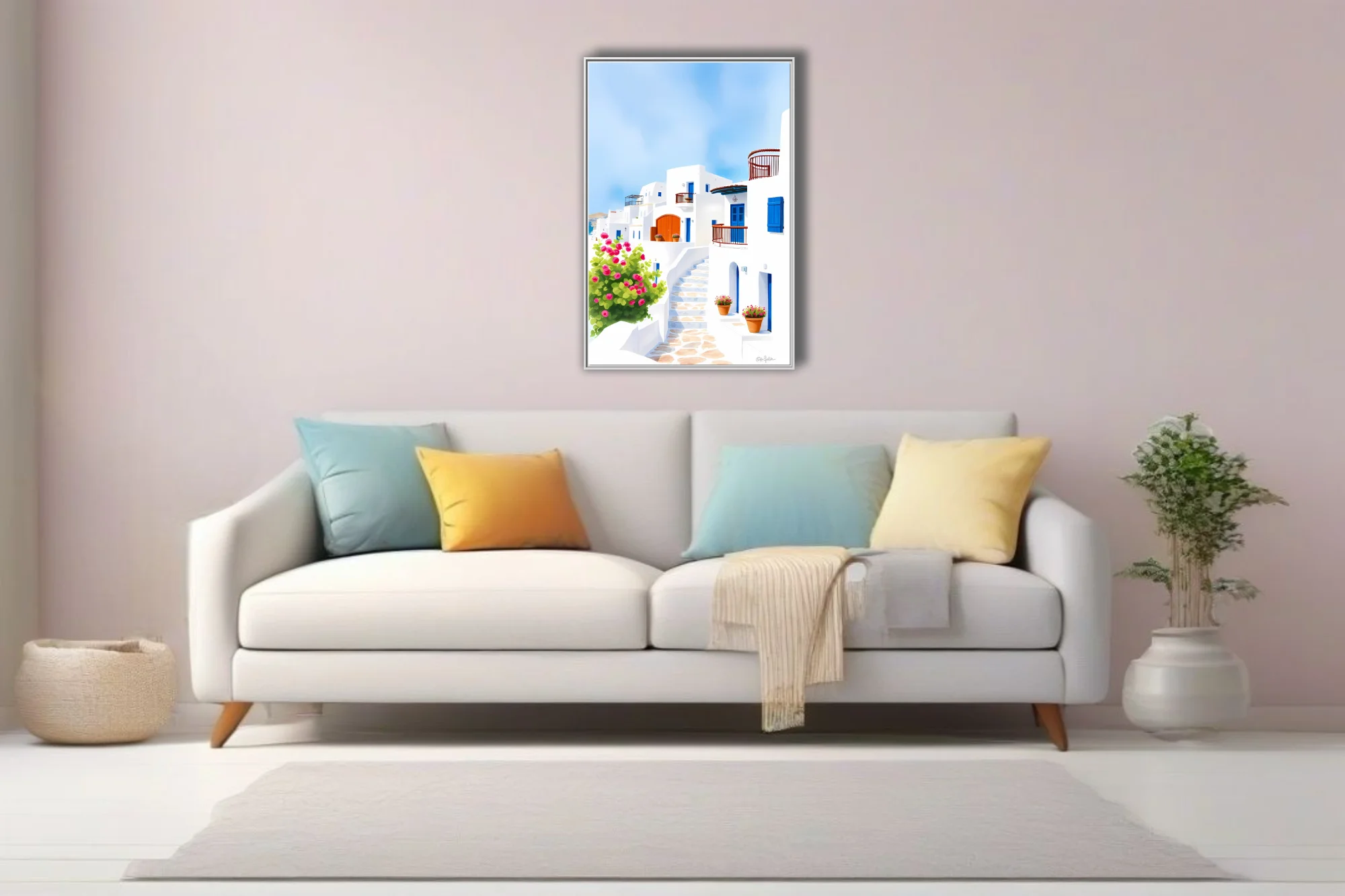 Graphic illustration of Aegean whitewashed village, blue shutters and pink bougainvillea