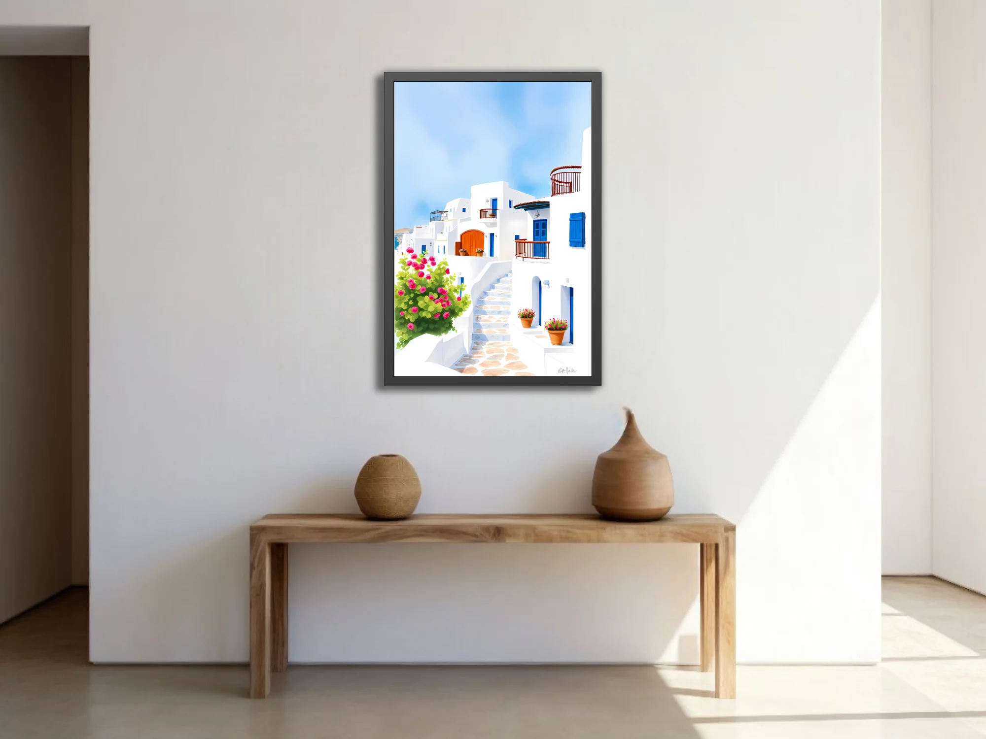Graphic illustration of Aegean whitewashed village, blue shutters and pink bougainvillea