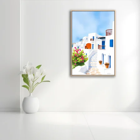 Graphic illustration of Aegean whitewashed village, blue shutters and pink bougainvillea