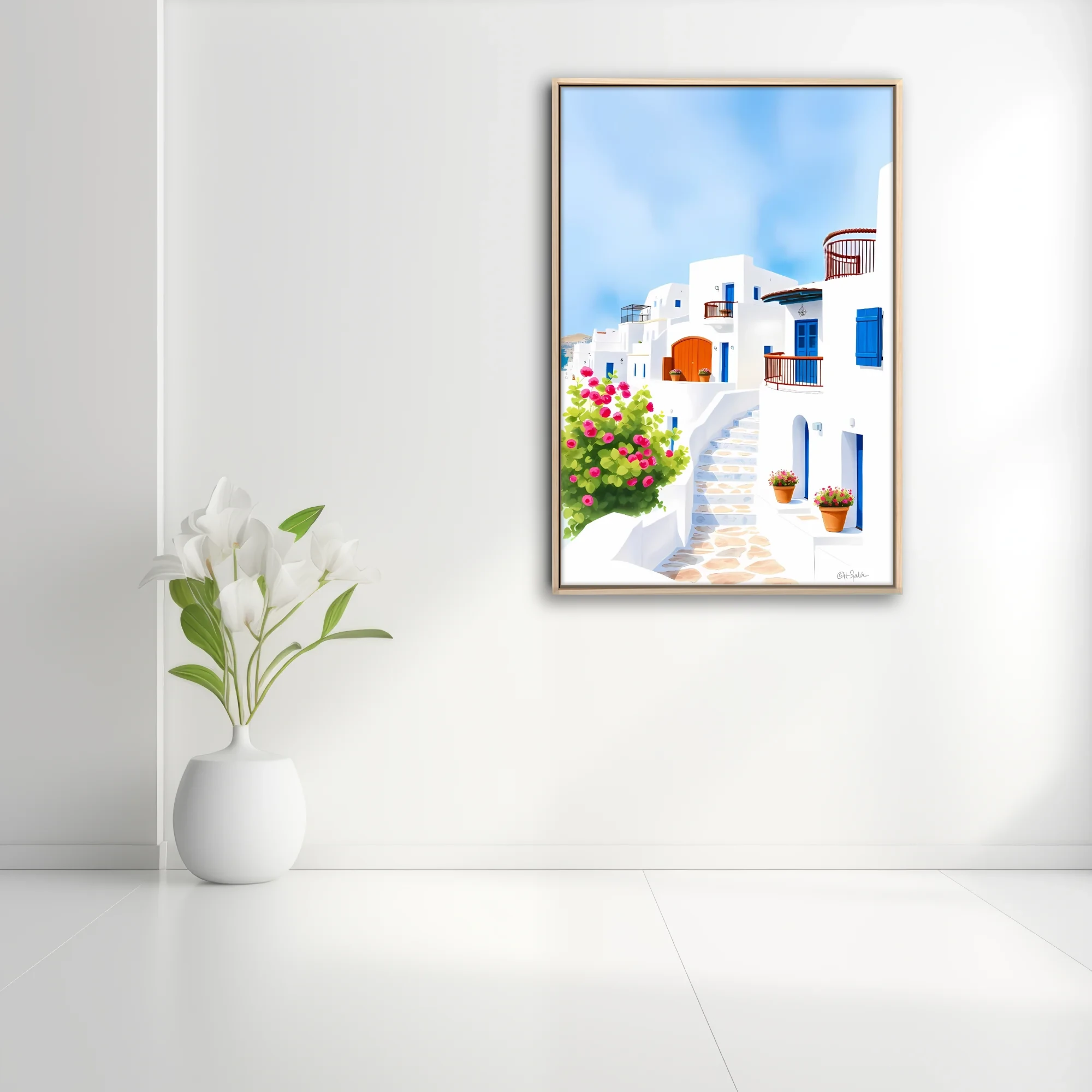 Graphic illustration of Aegean whitewashed village, blue shutters and pink bougainvillea
