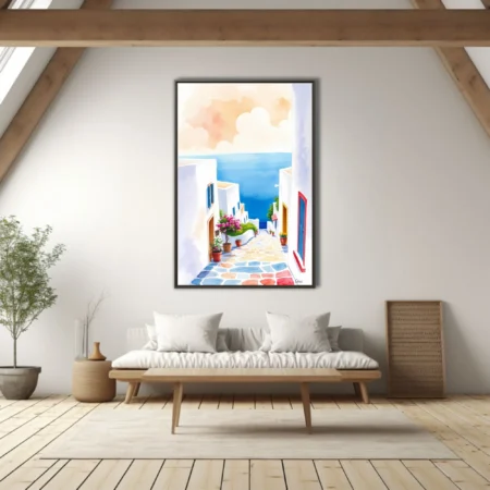 Watercolor-style Mykonos alleyway with white walls, cobalt sea, and magenta bougainvillea