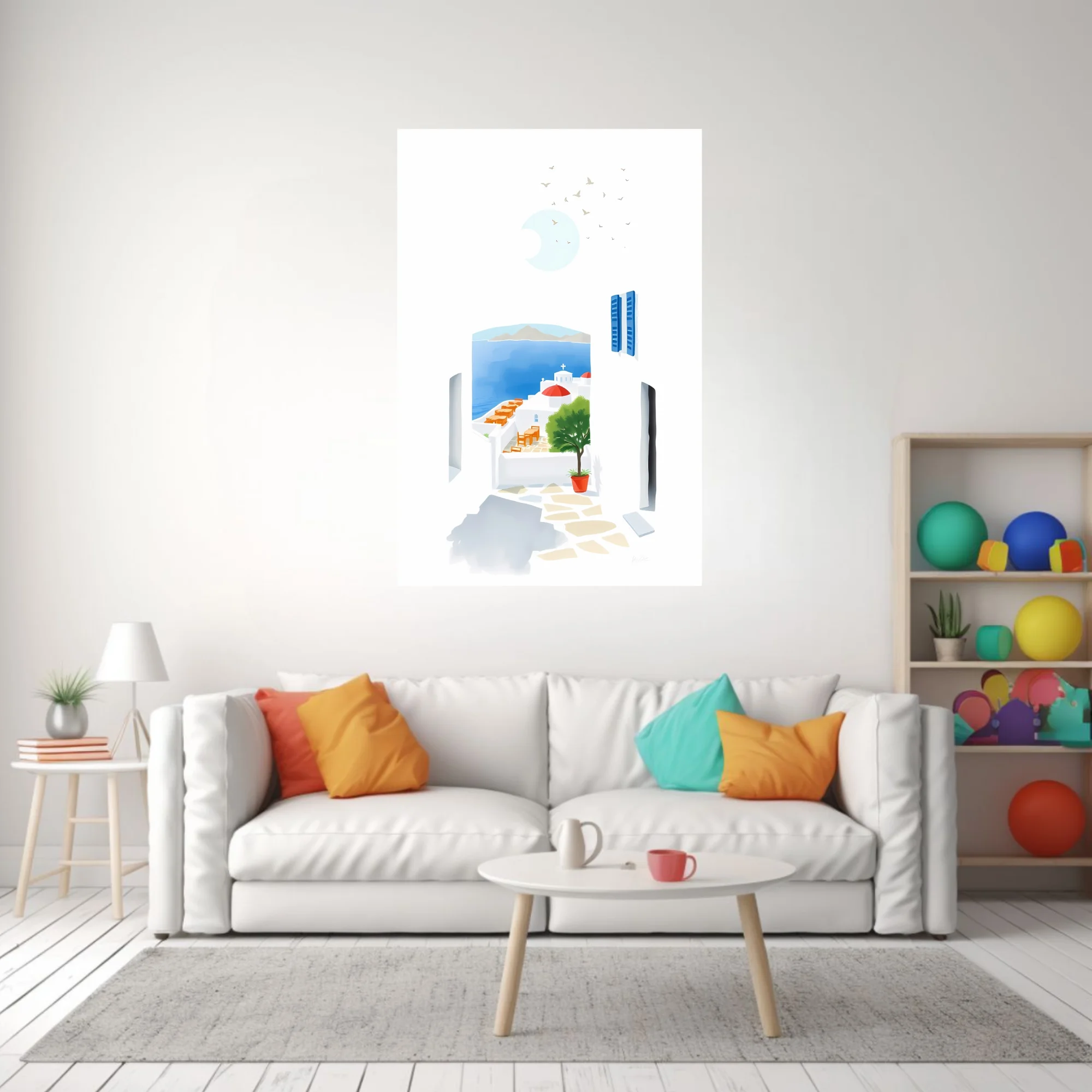 Minimalist Mykonos illustration, white architecture, blue sea, red dome church, potted tree