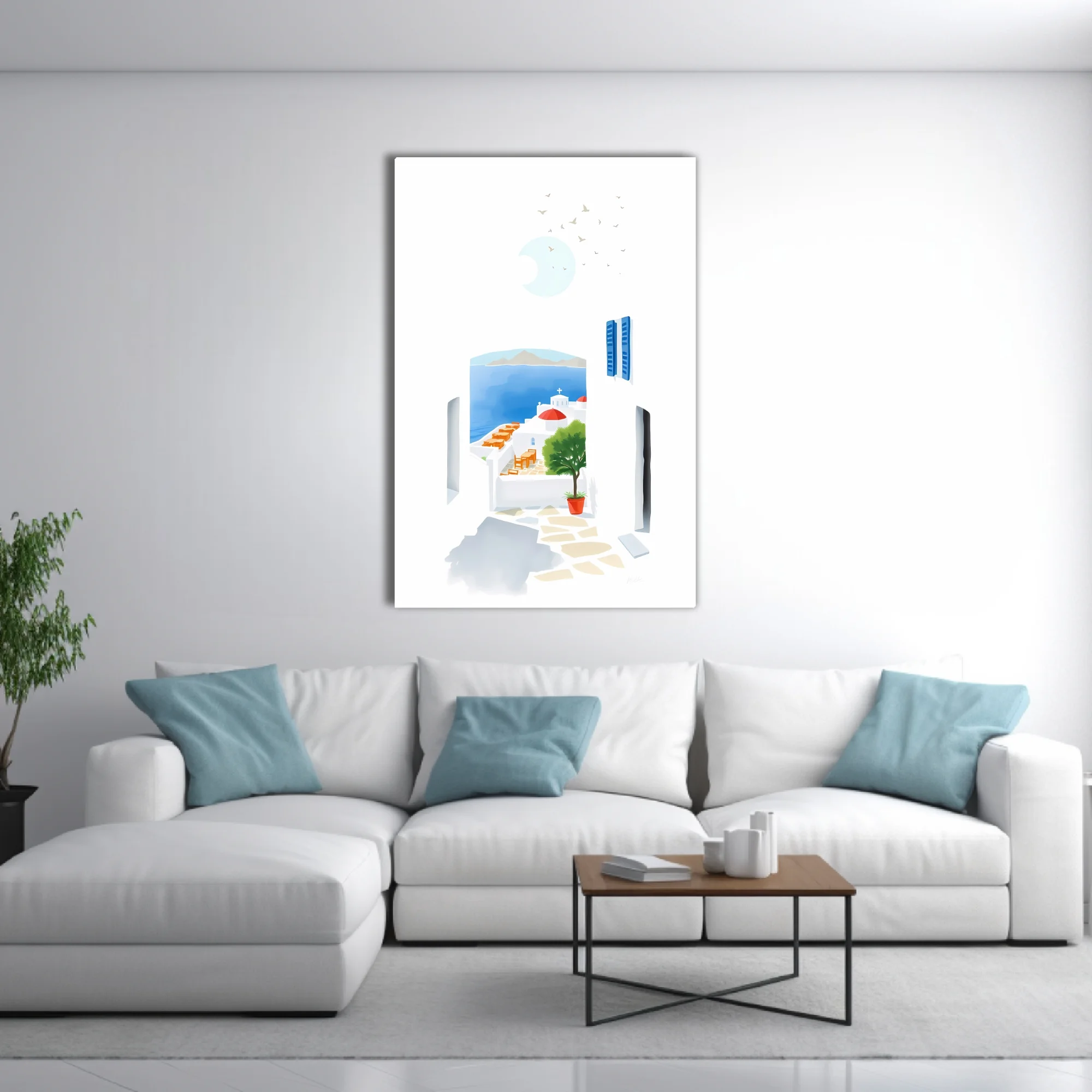 Minimalist Mykonos illustration, white architecture, blue sea, red dome church, potted tree