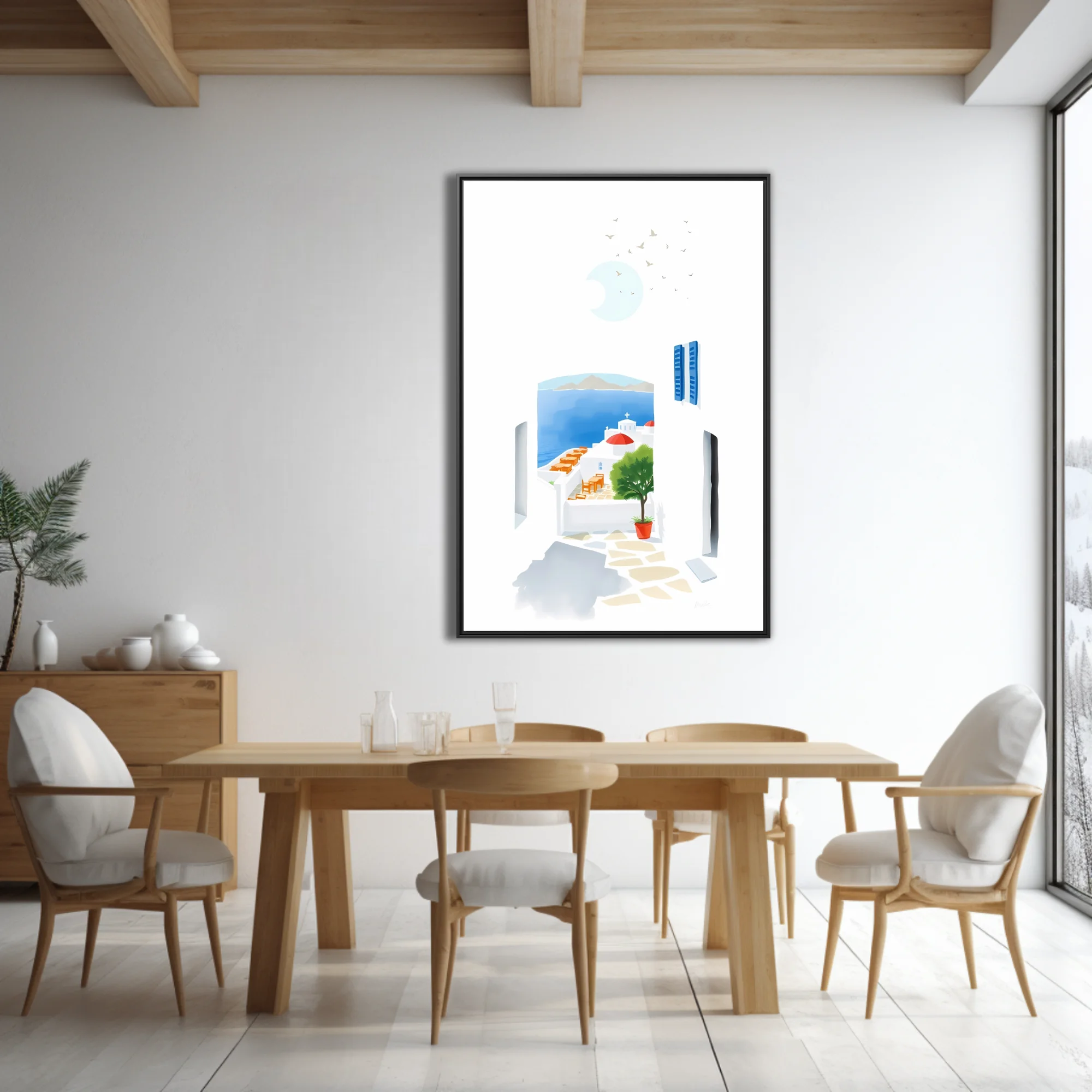 Minimalist Mykonos illustration, white architecture, blue sea, red dome church, potted tree