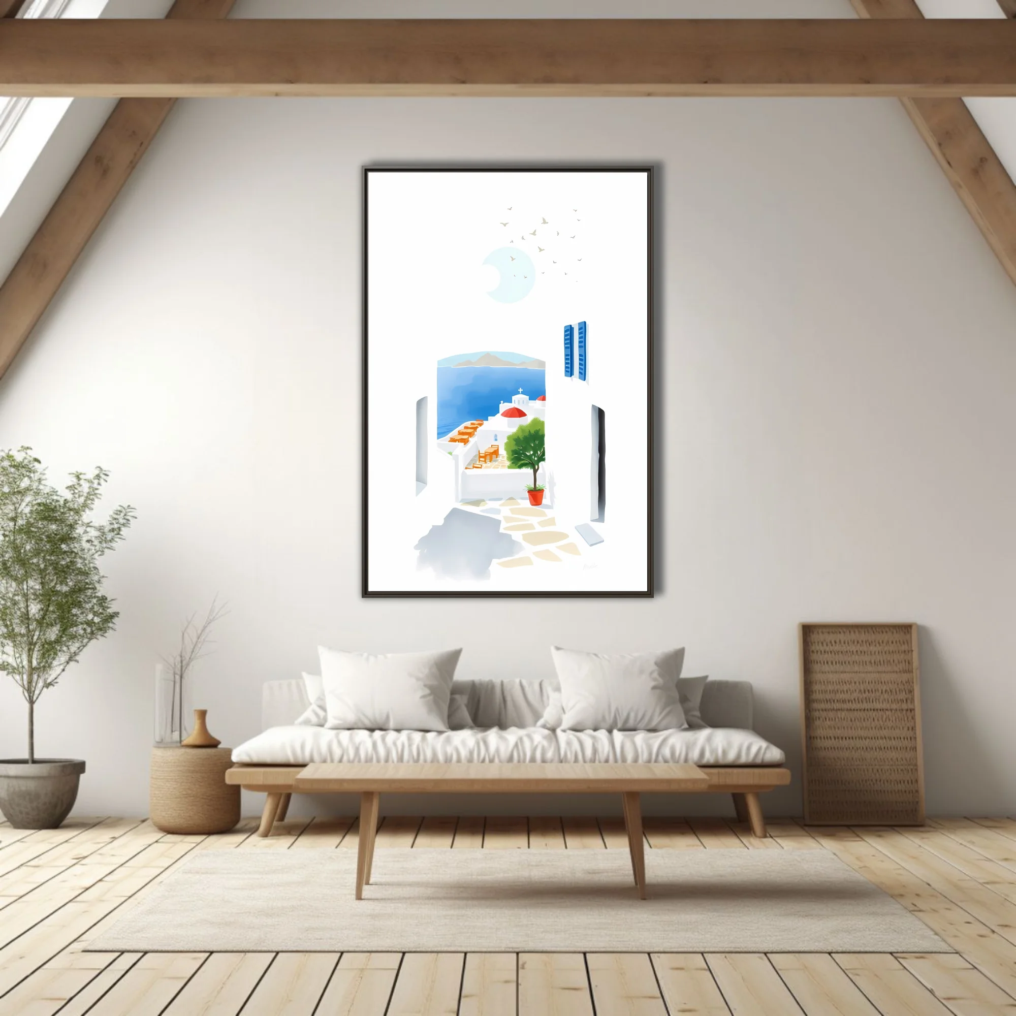 Minimalist Mykonos illustration, white architecture, blue sea, red dome church, potted tree