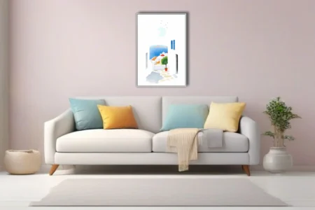 Minimalist Mykonos illustration, white architecture, blue sea, red dome church, potted tree