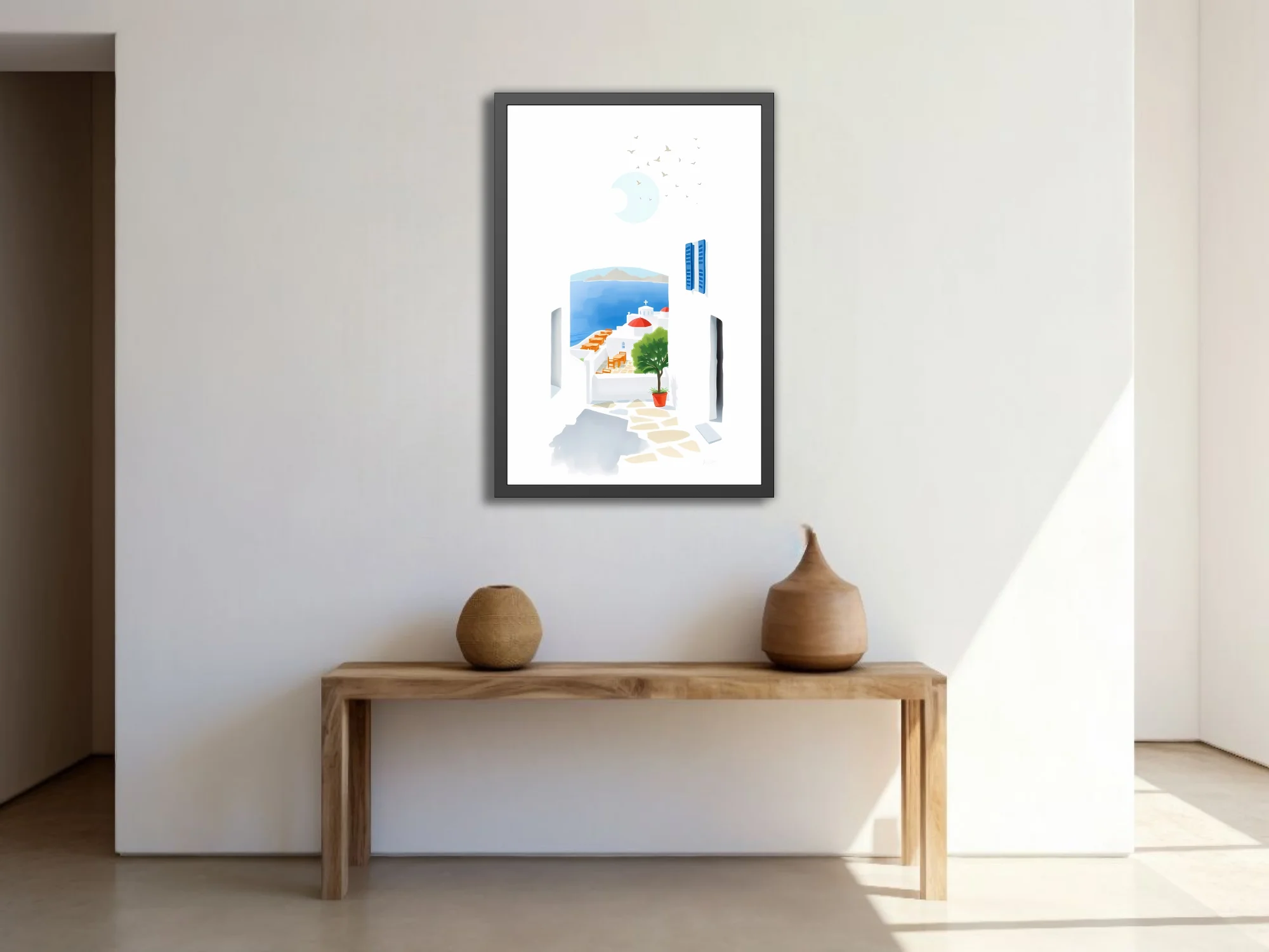 Minimalist Mykonos illustration, white architecture, blue sea, red dome church, potted tree