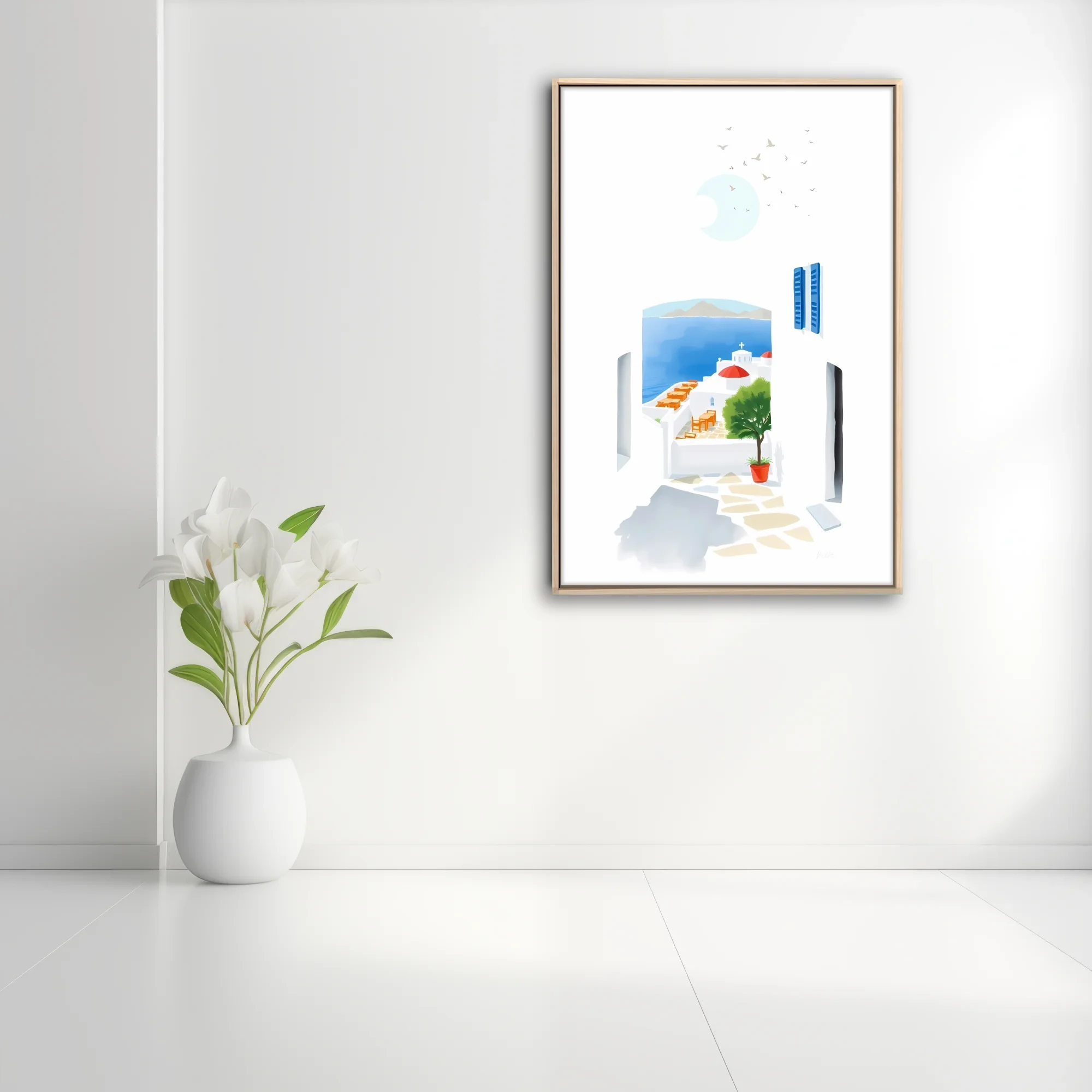 Minimalist Mykonos illustration, white architecture, blue sea, red dome church, potted tree