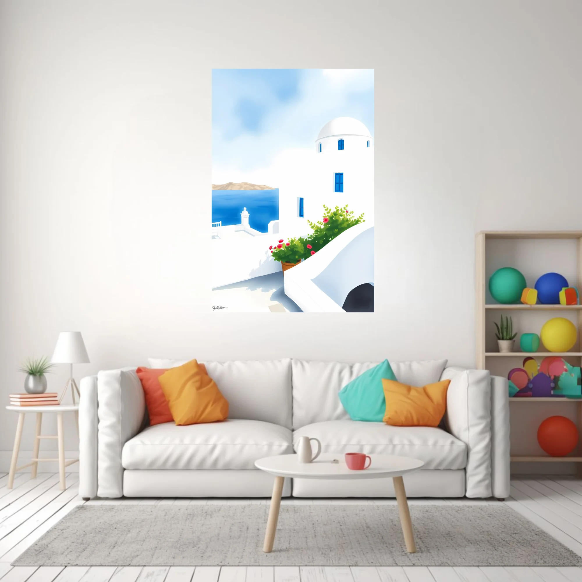 Minimalist Greek island scene, white domed architecture, blue shutters, red flowers, Aegean sea