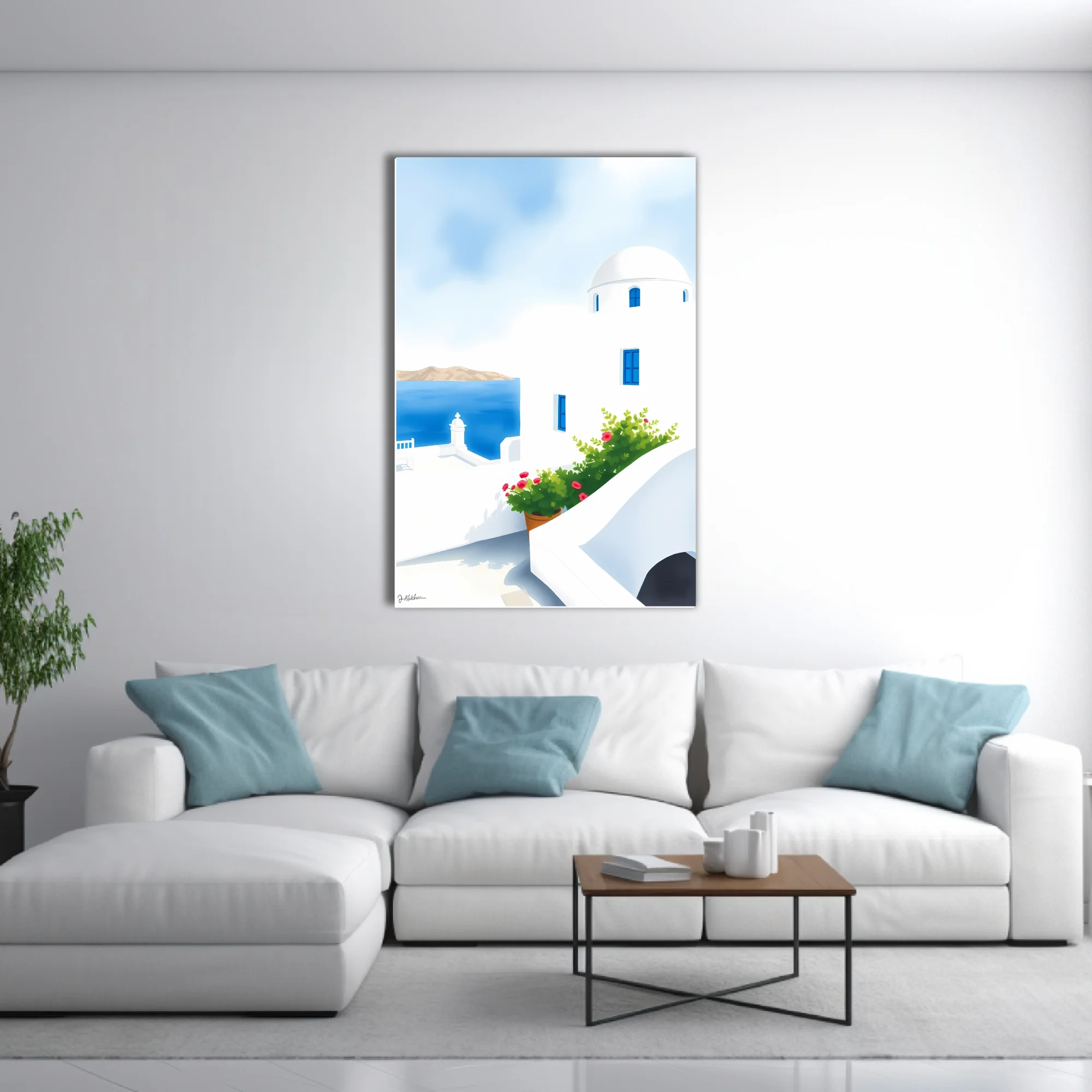Minimalist Greek island scene, white domed architecture, blue shutters, red flowers, Aegean sea