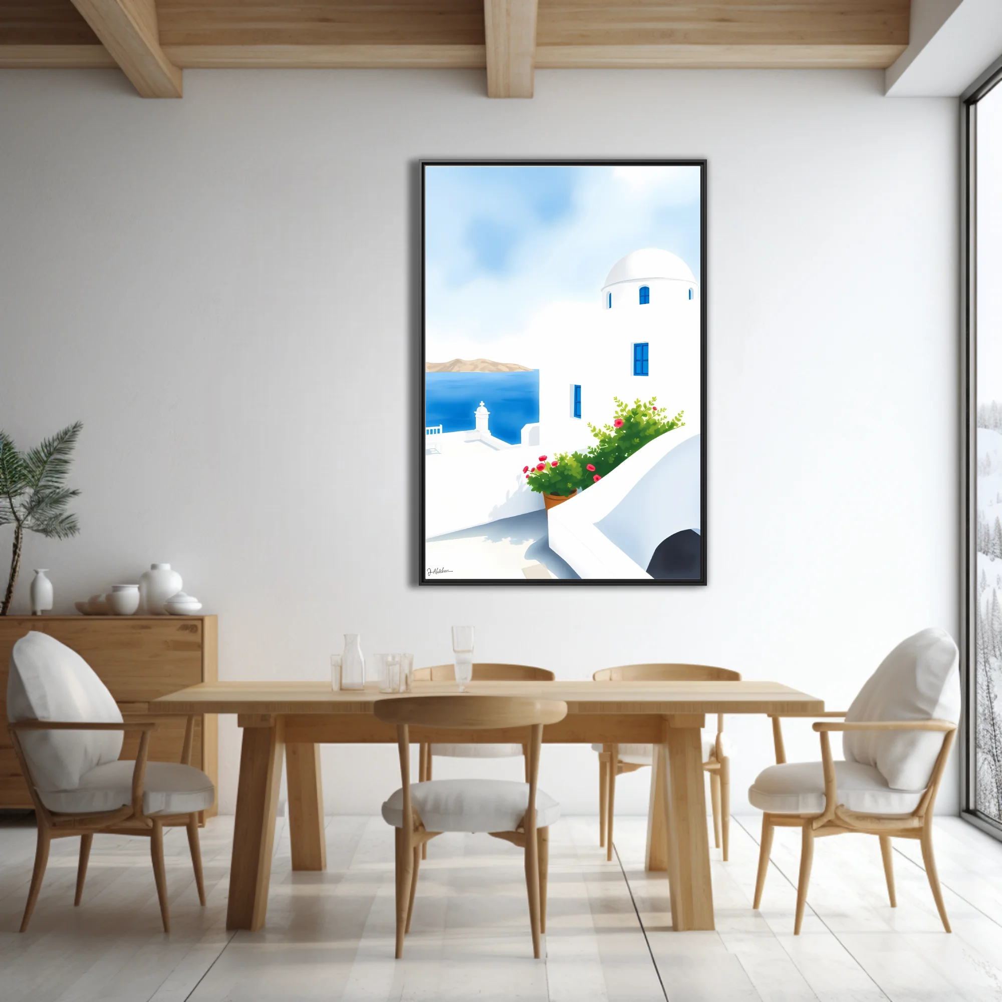 Minimalist Greek island scene, white domed architecture, blue shutters, red flowers, Aegean sea