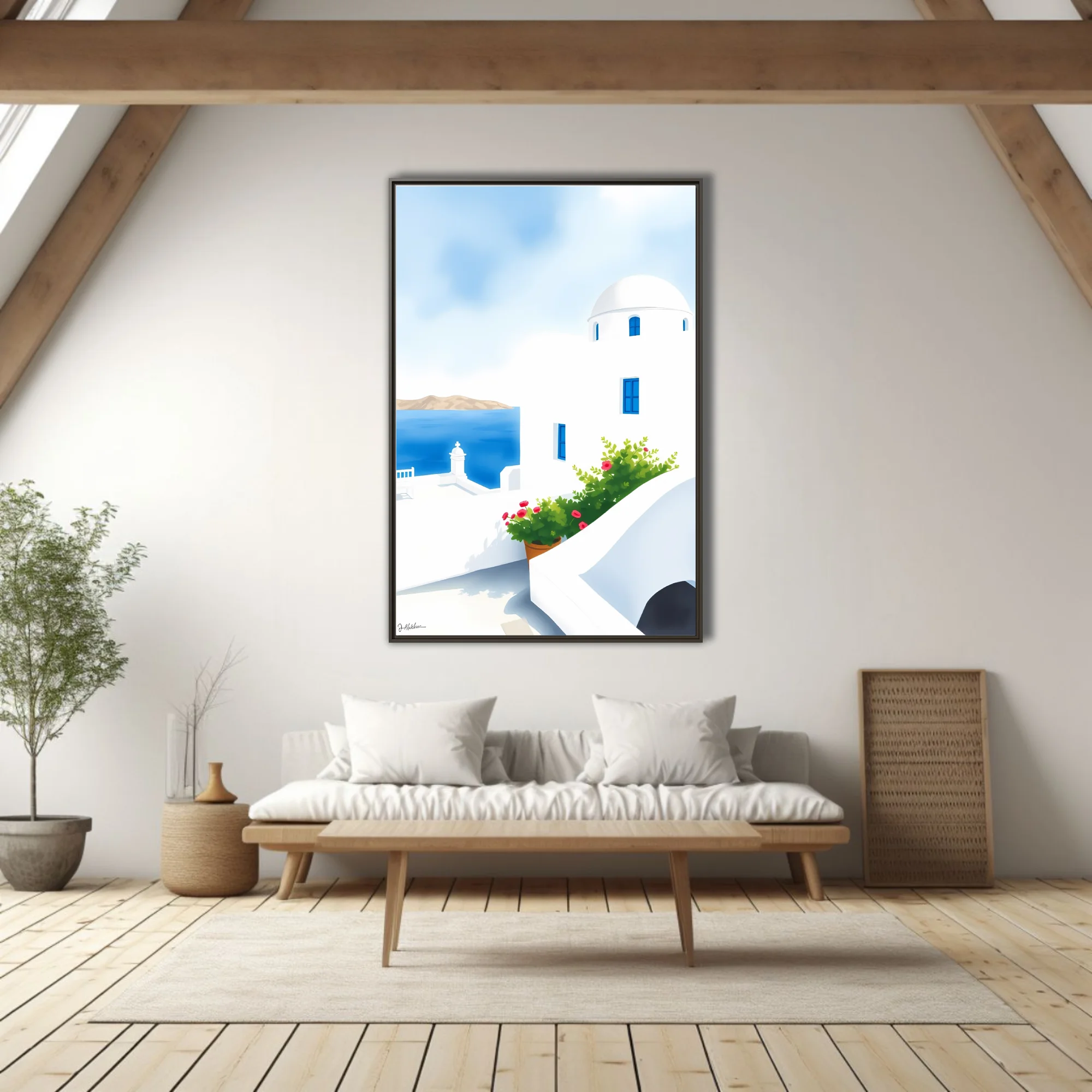 Minimalist Greek island scene, white domed architecture, blue shutters, red flowers, Aegean sea