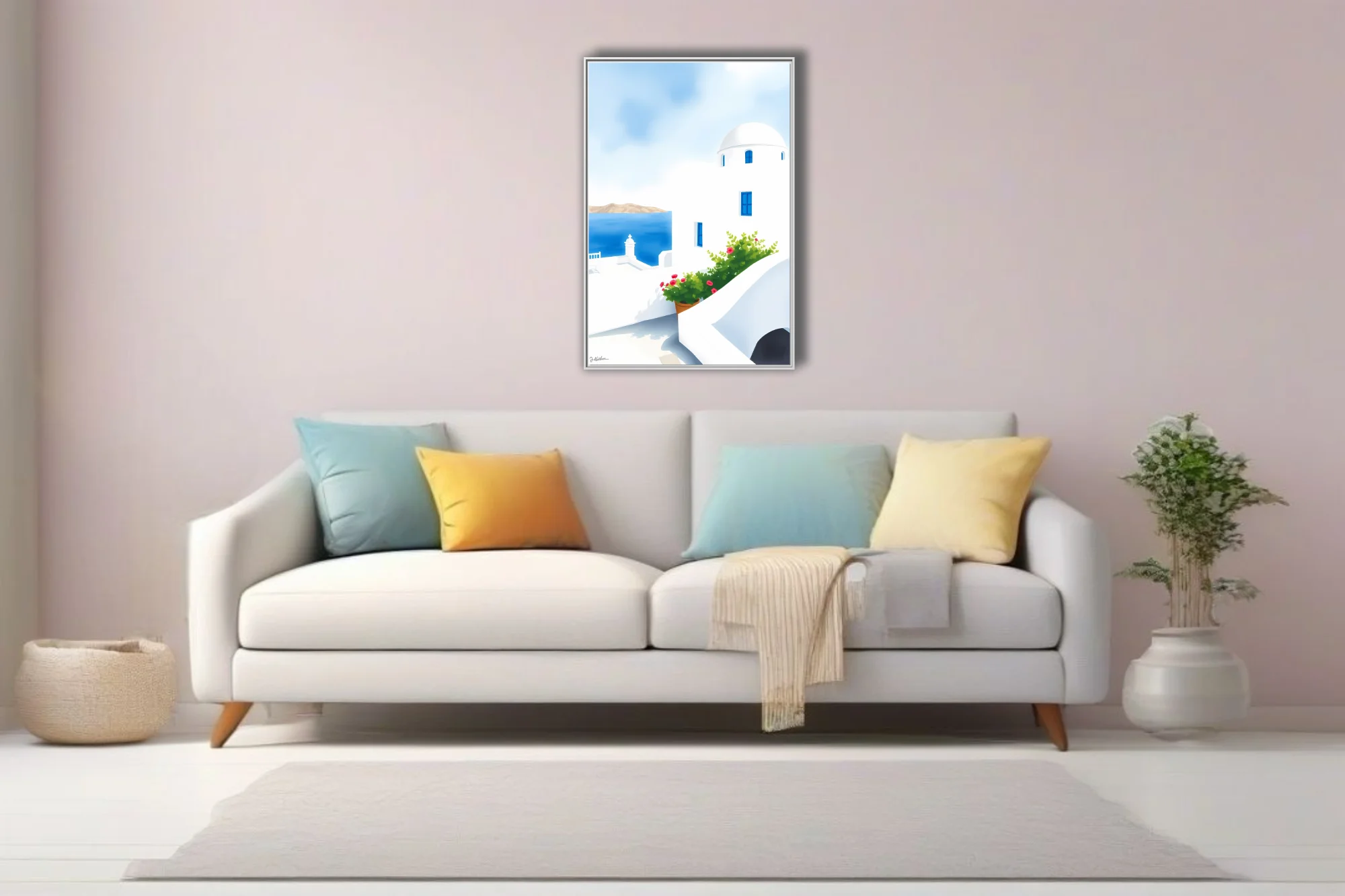 Minimalist Greek island scene, white domed architecture, blue shutters, red flowers, Aegean sea