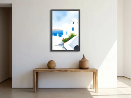 Minimalist Greek island scene, white domed architecture, blue shutters, red flowers, Aegean sea