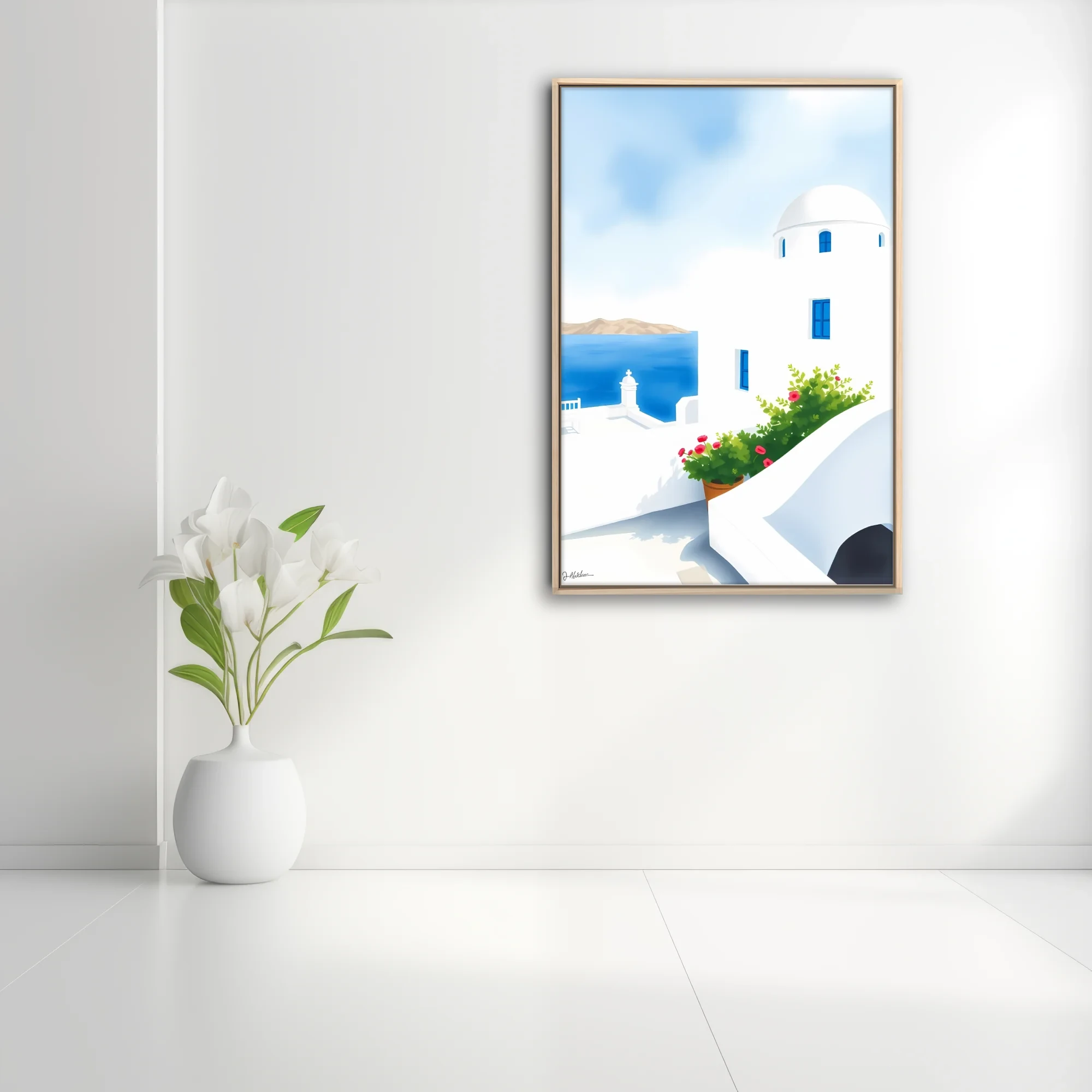 Minimalist Greek island scene, white domed architecture, blue shutters, red flowers, Aegean sea