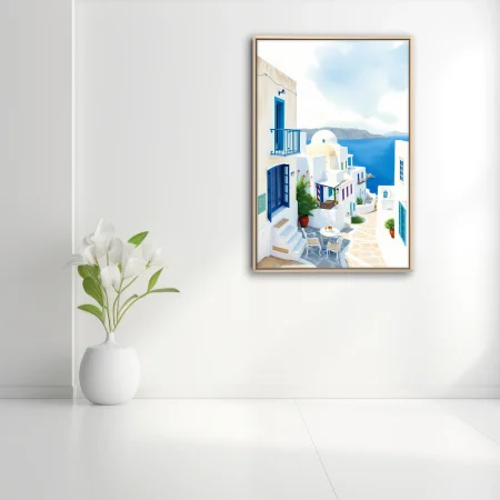 Watercolor-style Greek island village scene with white buildings, blue accents, and Aegean sea