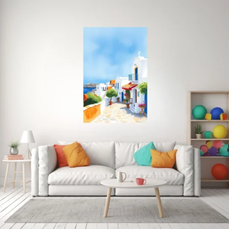 Graphic-style Cycladic village scene with white architecture, blue accents, and red blossom