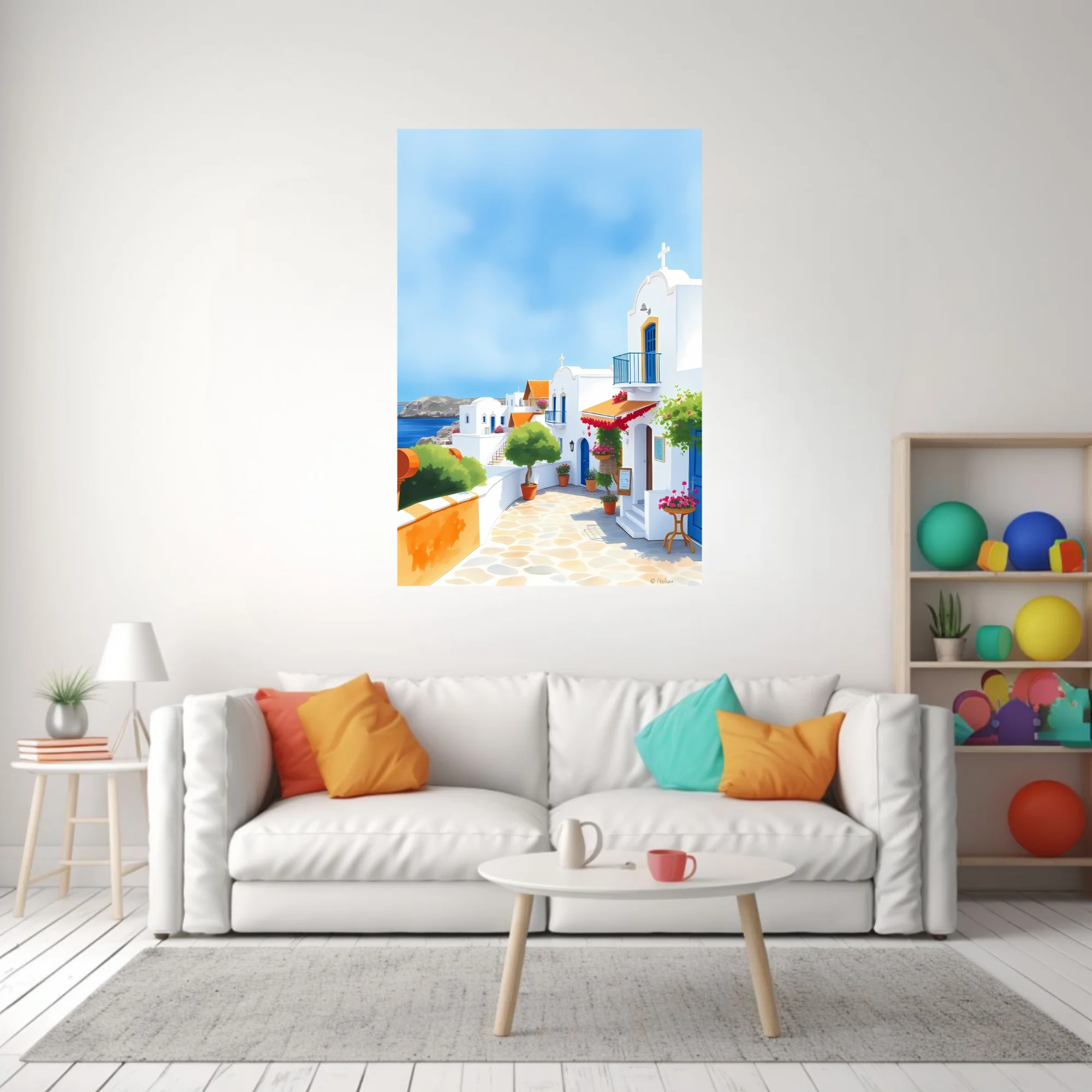 Graphic-style Cycladic village scene with white architecture, blue accents, and red blossom