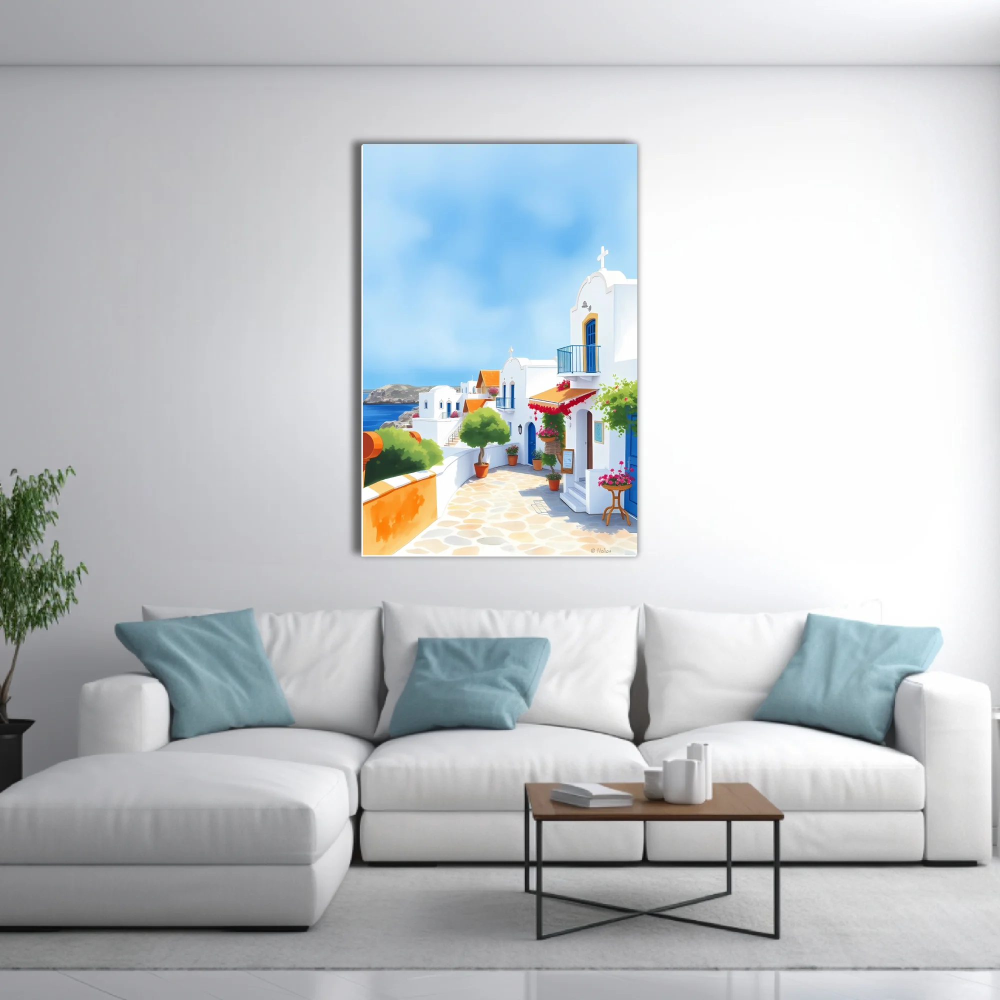 Graphic-style Cycladic village scene with white architecture, blue accents, and red blossom