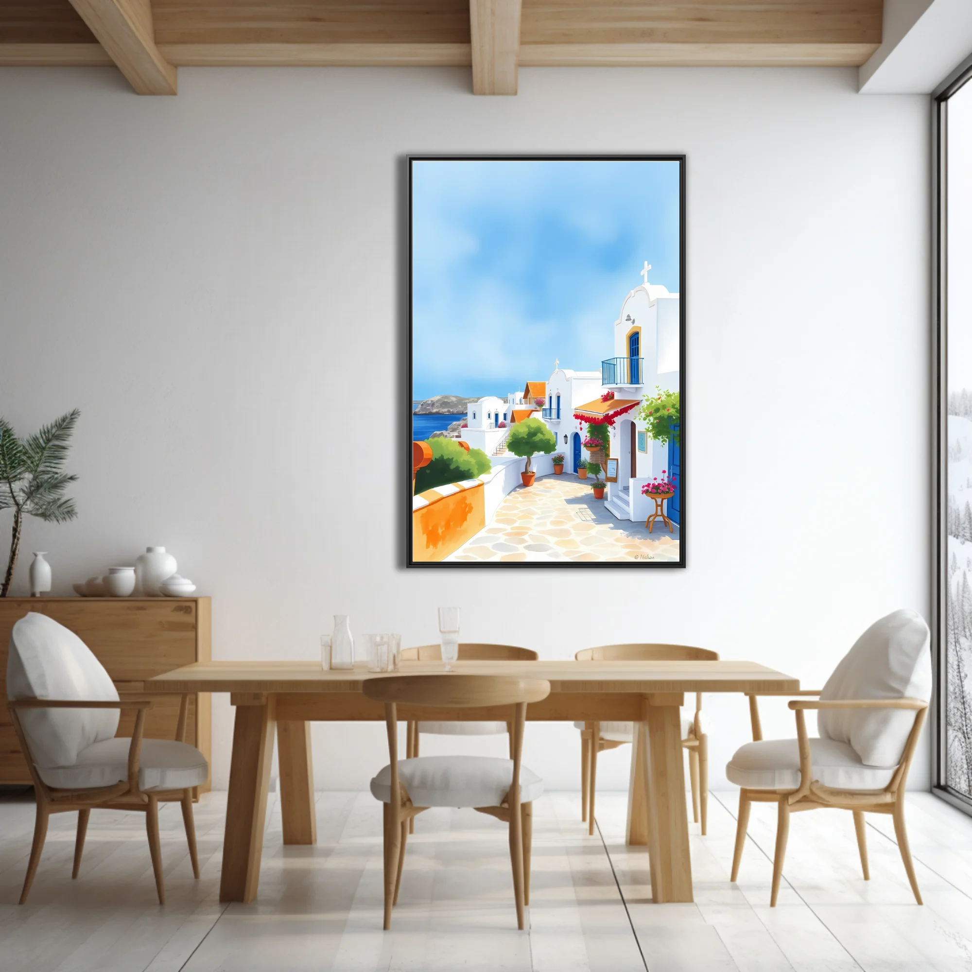 Graphic-style Cycladic village scene with white architecture, blue accents, and red blossom