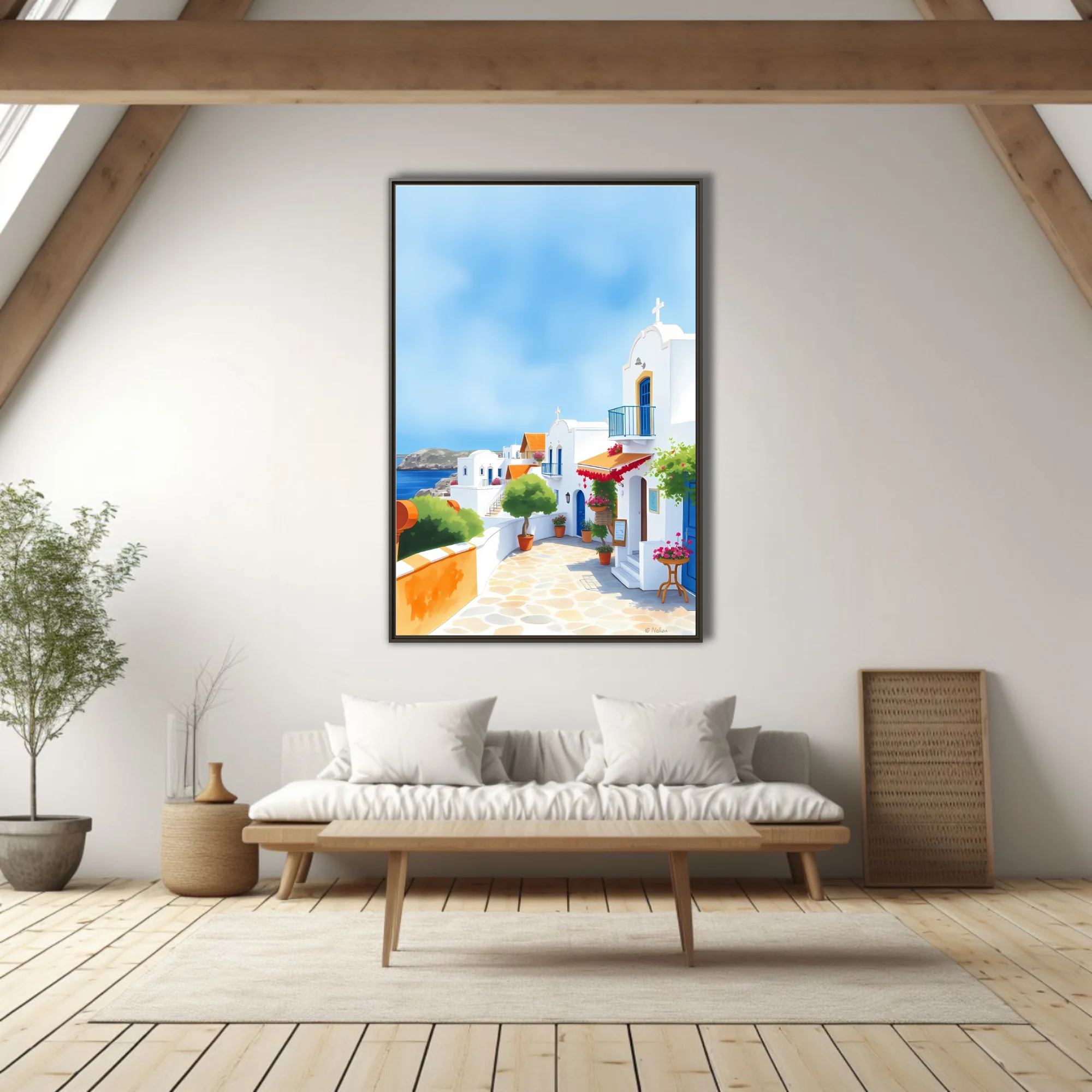 Graphic-style Cycladic village scene with white architecture, blue accents, and red blossom