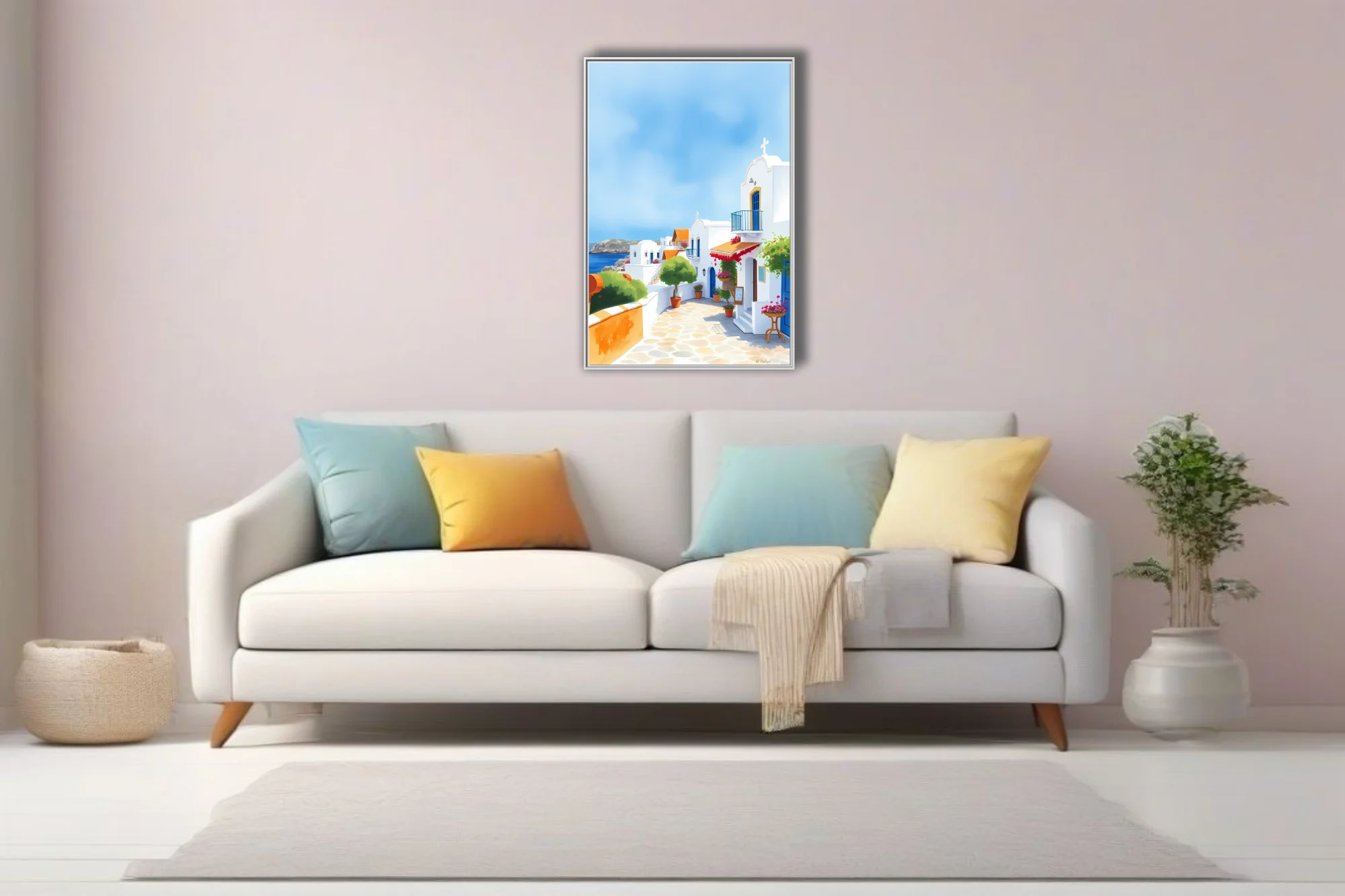 Graphic-style Cycladic village scene with white architecture, blue accents, and red blossom