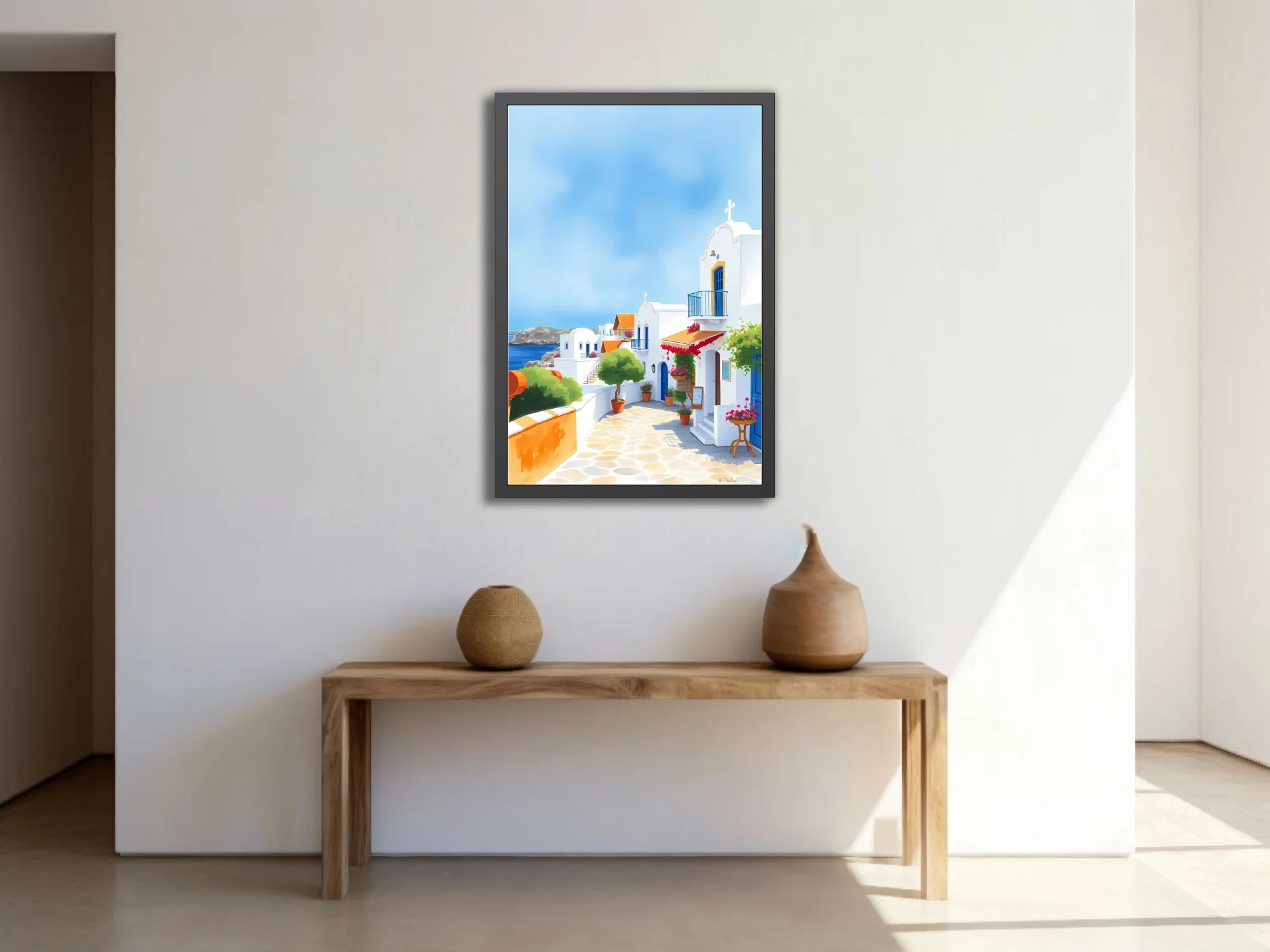 Graphic-style Cycladic village scene with white architecture, blue accents, and red blossom