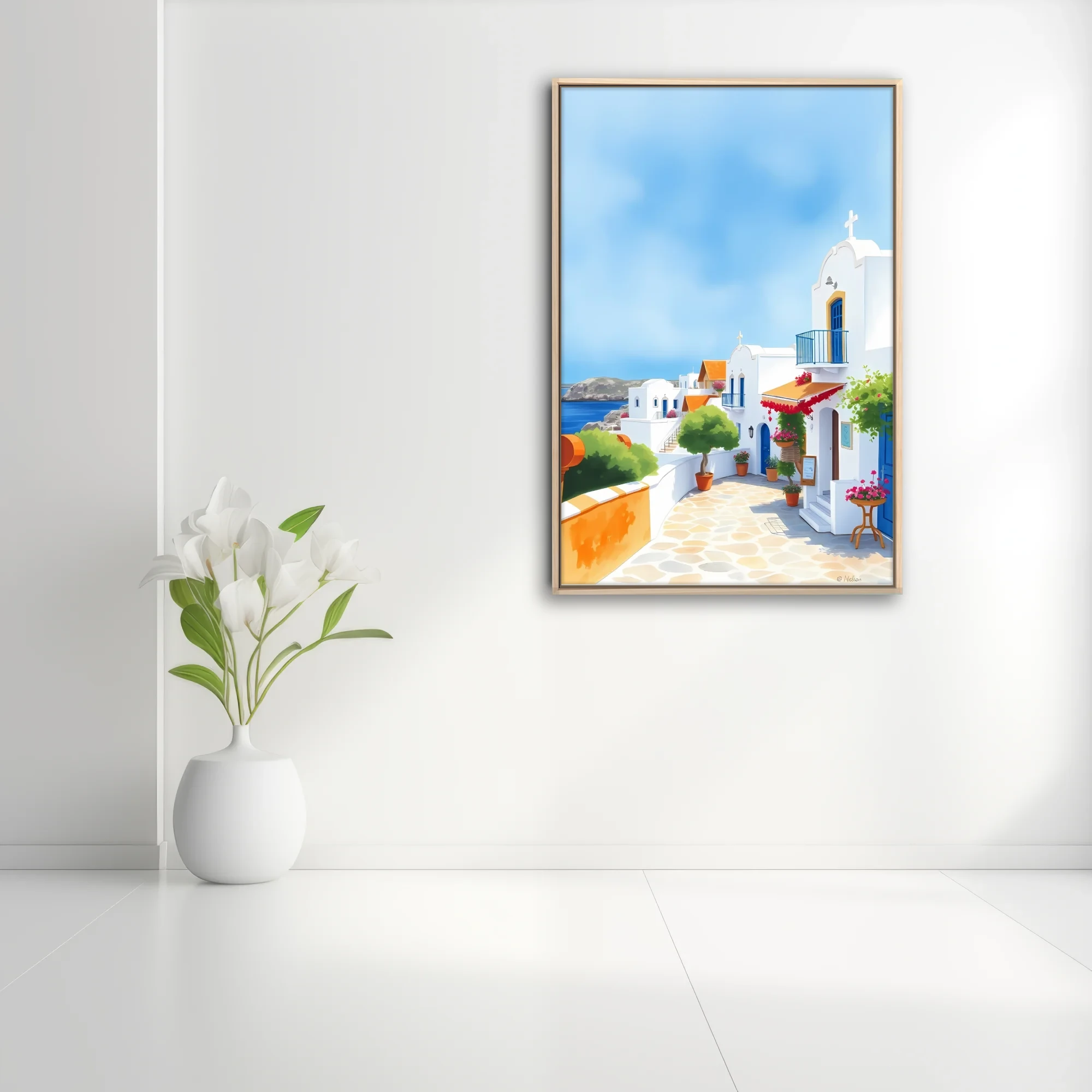 Graphic-style Cycladic village scene with white architecture, blue accents, and red blossom