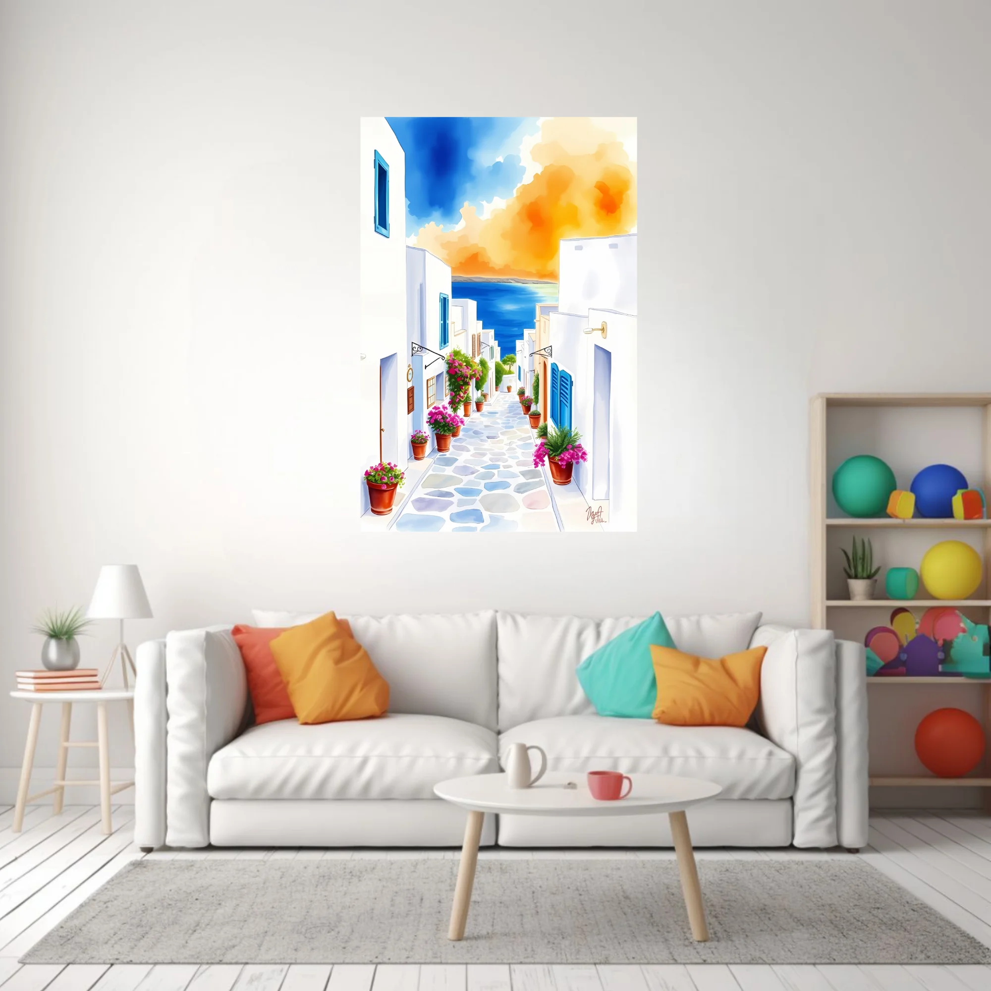 Watercolor-style Greek island alley with white walls, pink flowers, and blue sea beyond