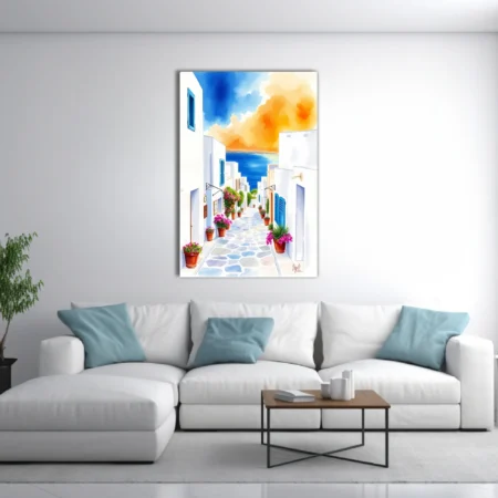 Watercolor-style Greek island alley with white walls, pink flowers, and blue sea beyond