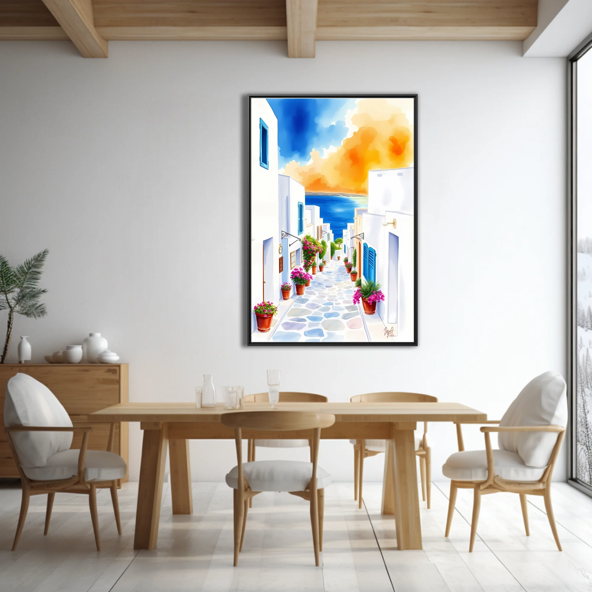 Watercolor-style Greek island alley with white walls, pink flowers, and blue sea beyond