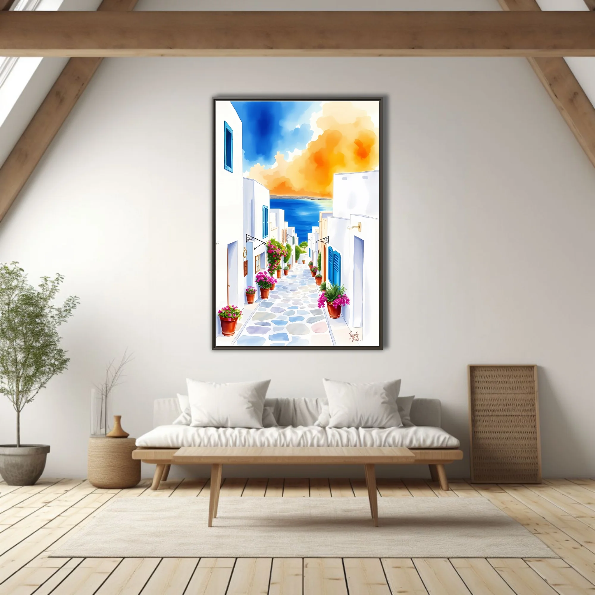 Watercolor-style Greek island alley with white walls, pink flowers, and blue sea beyond