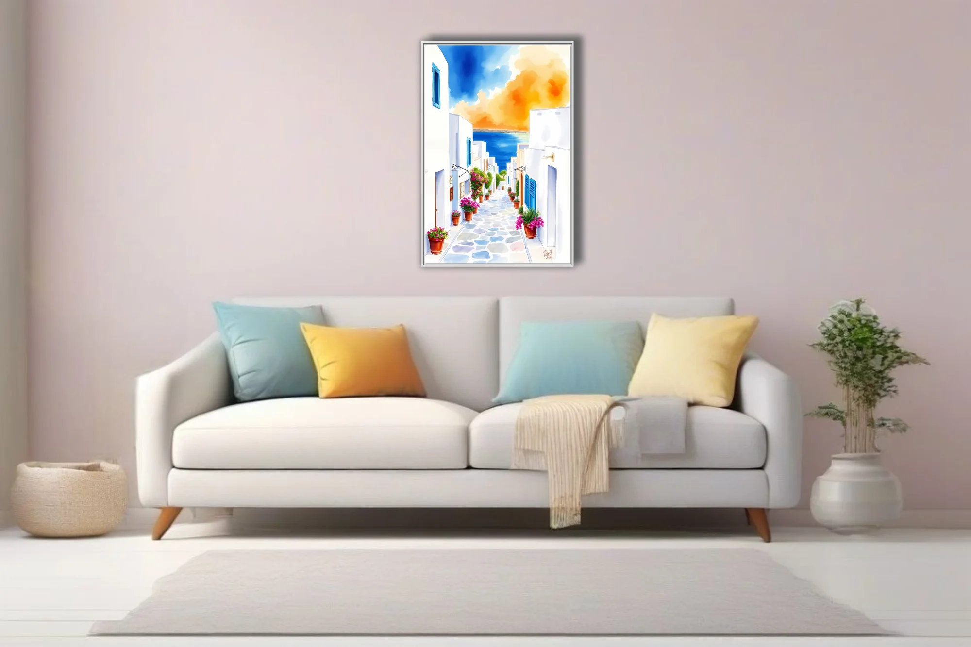Watercolor-style Greek island alley with white walls, pink flowers, and blue sea beyond